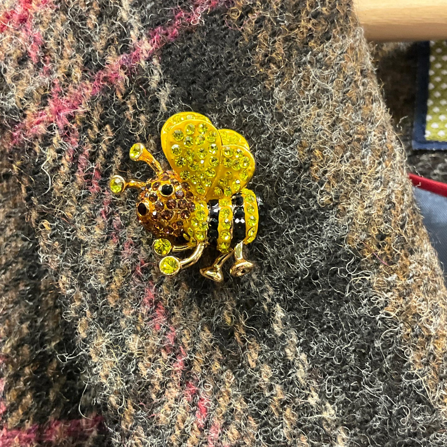 Vintage Butler and Wilson Crystal Bee Lapel/ Dress Pin , Gold tone with yellow, bronze and black rhinestones, Sustainable gift
