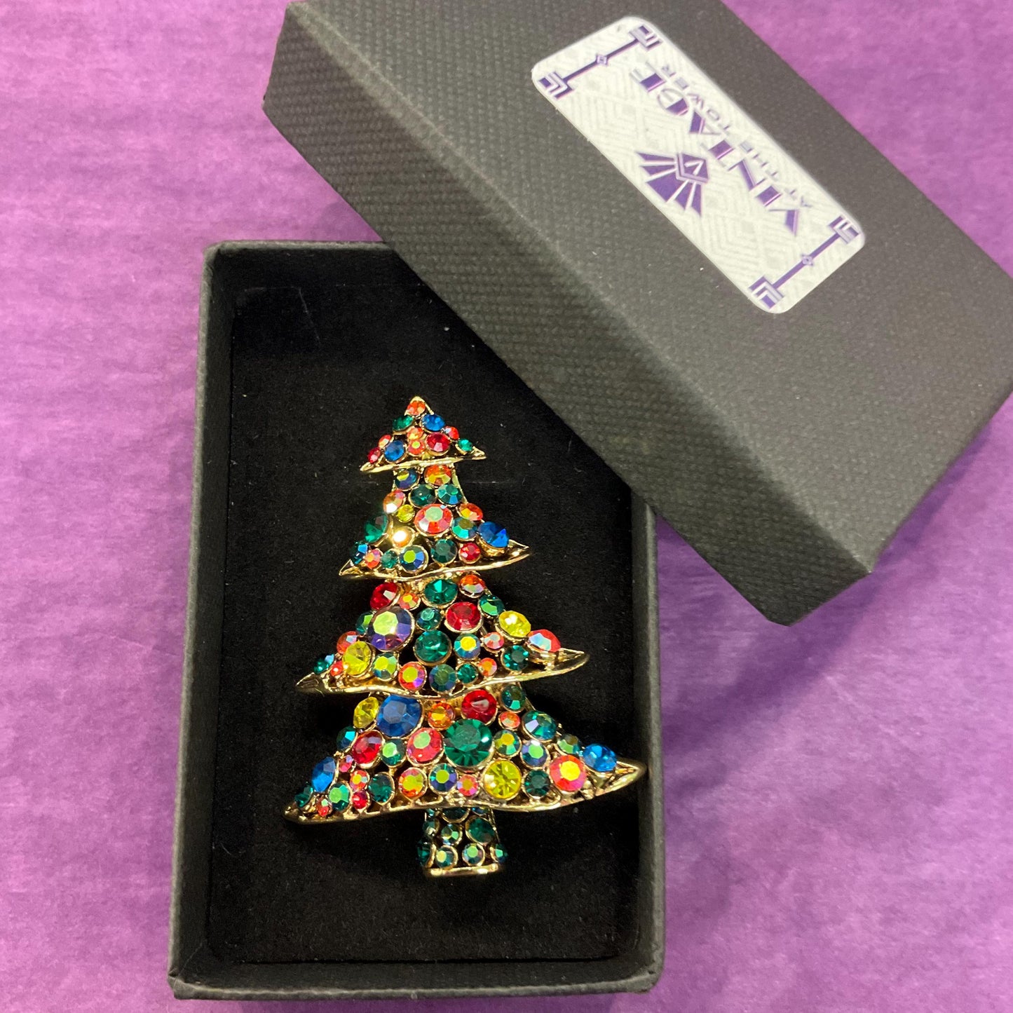 Vintage Butler and Wilson Large Crystal Christmas Tree Brooch, Gold tone with rainbow faceted Crystals, Sustainable gift