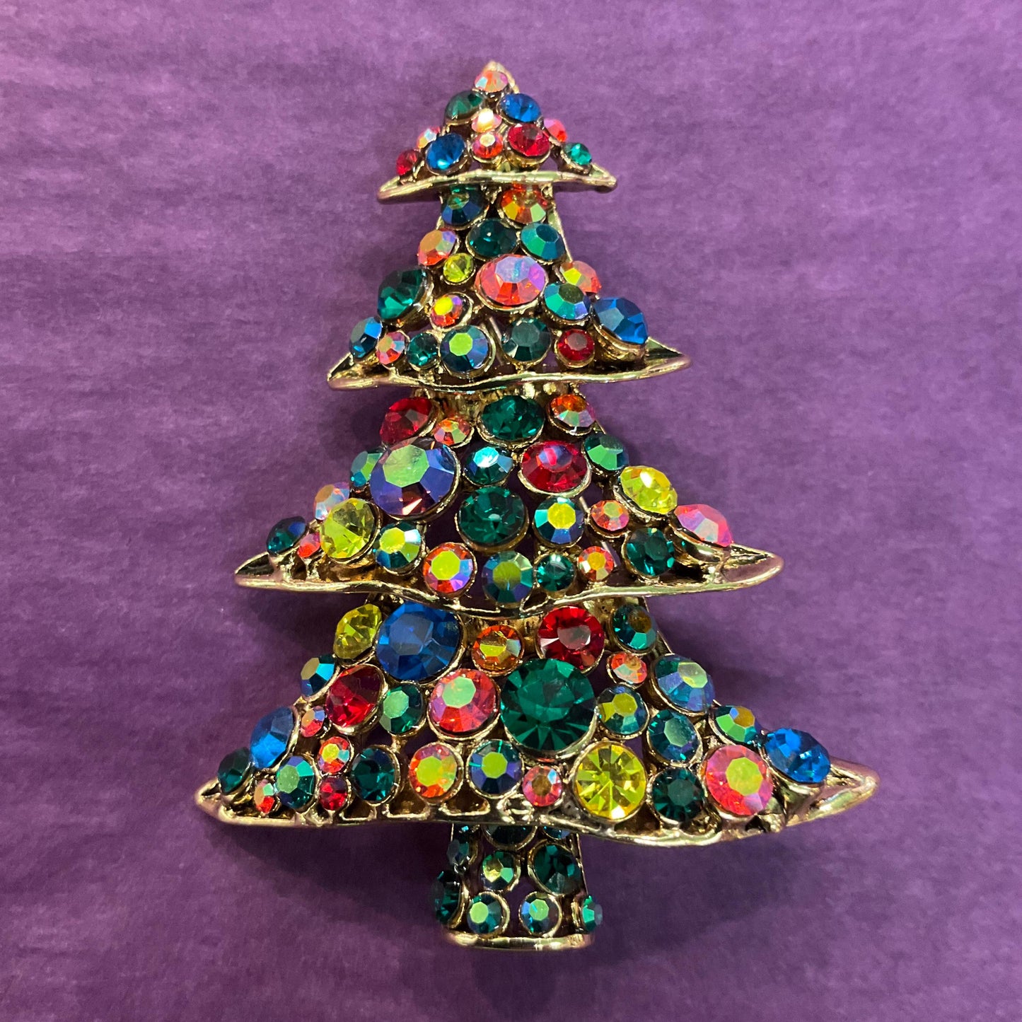 Vintage Butler and Wilson Large Crystal Christmas Tree Brooch, Gold tone with rainbow faceted Crystals, Sustainable gift
