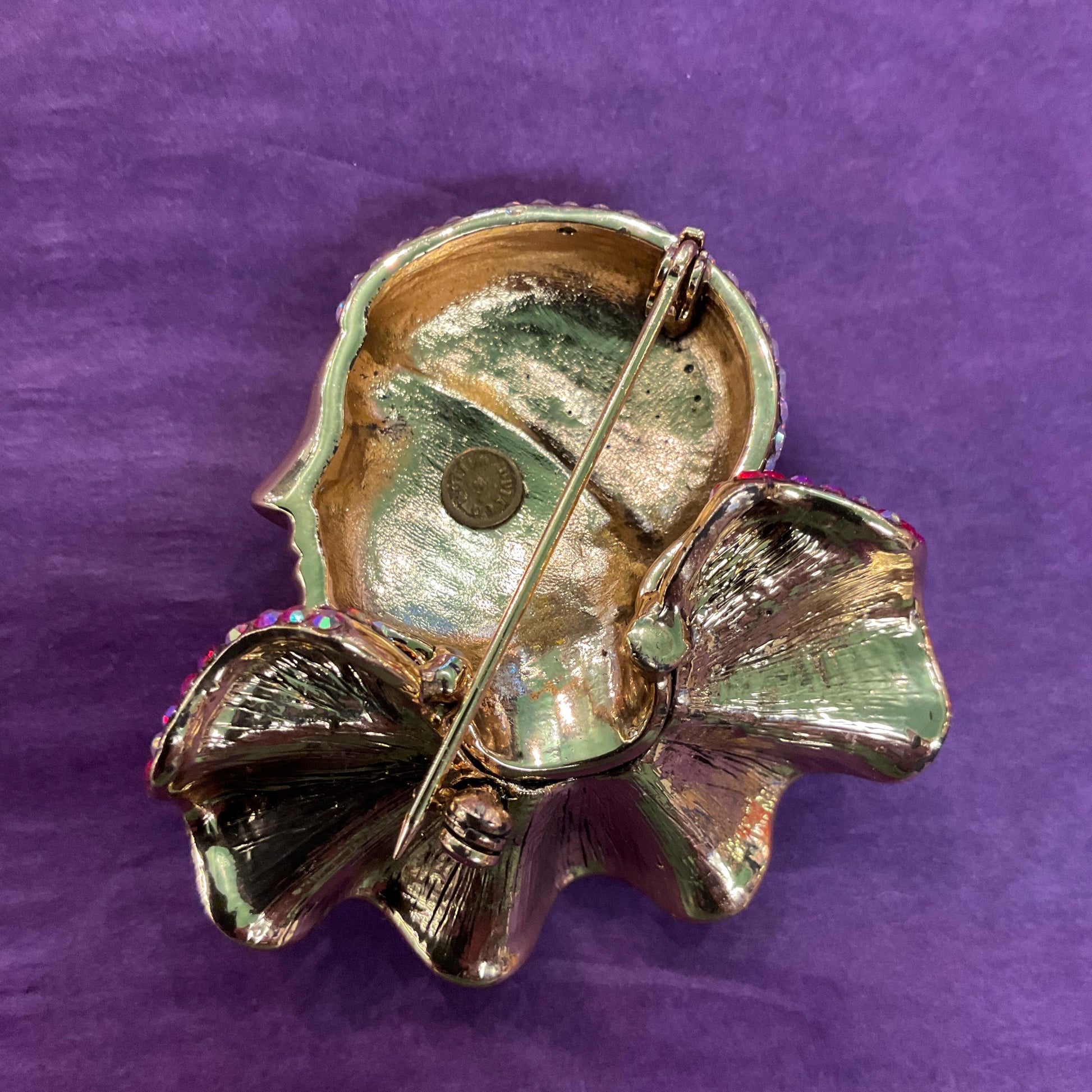 Vintage Butler and Wilson Large Rainbow Crystal Pierrot Clown Brooch, Gold tone with Borealis rhinestones, Sustainable gift