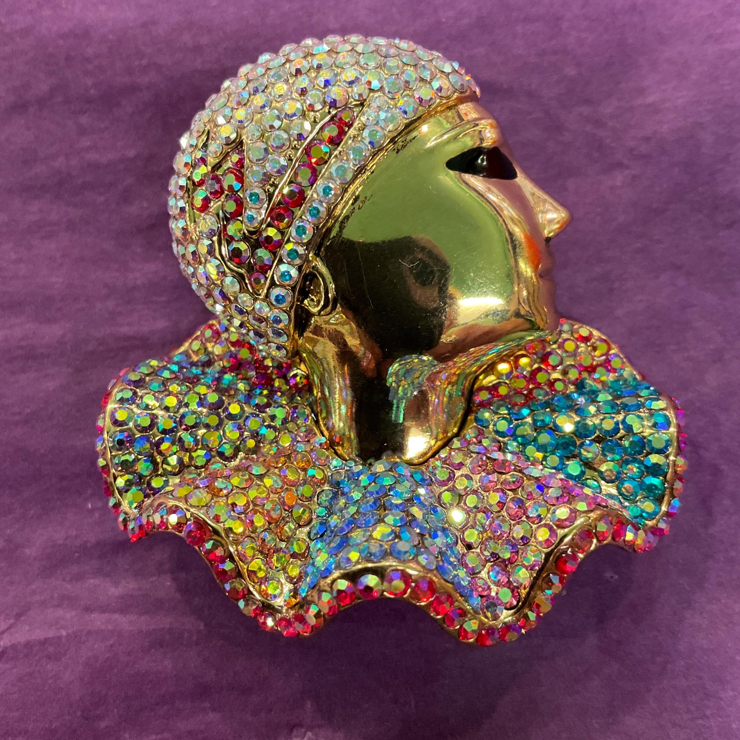Vintage Butler and Wilson Large Rainbow Crystal Pierrot Clown Brooch, Gold tone with Borealis rhinestones, Sustainable gift