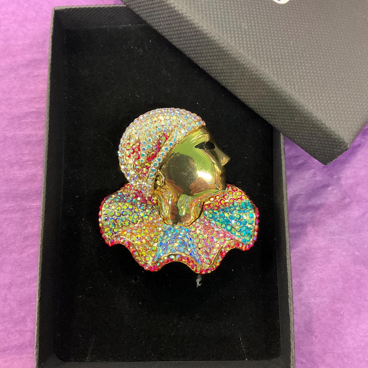 Vintage Butler and Wilson Large Rainbow Crystal Pierrot Clown Brooch, Gold tone with Borealis rhinestones, Sustainable gift