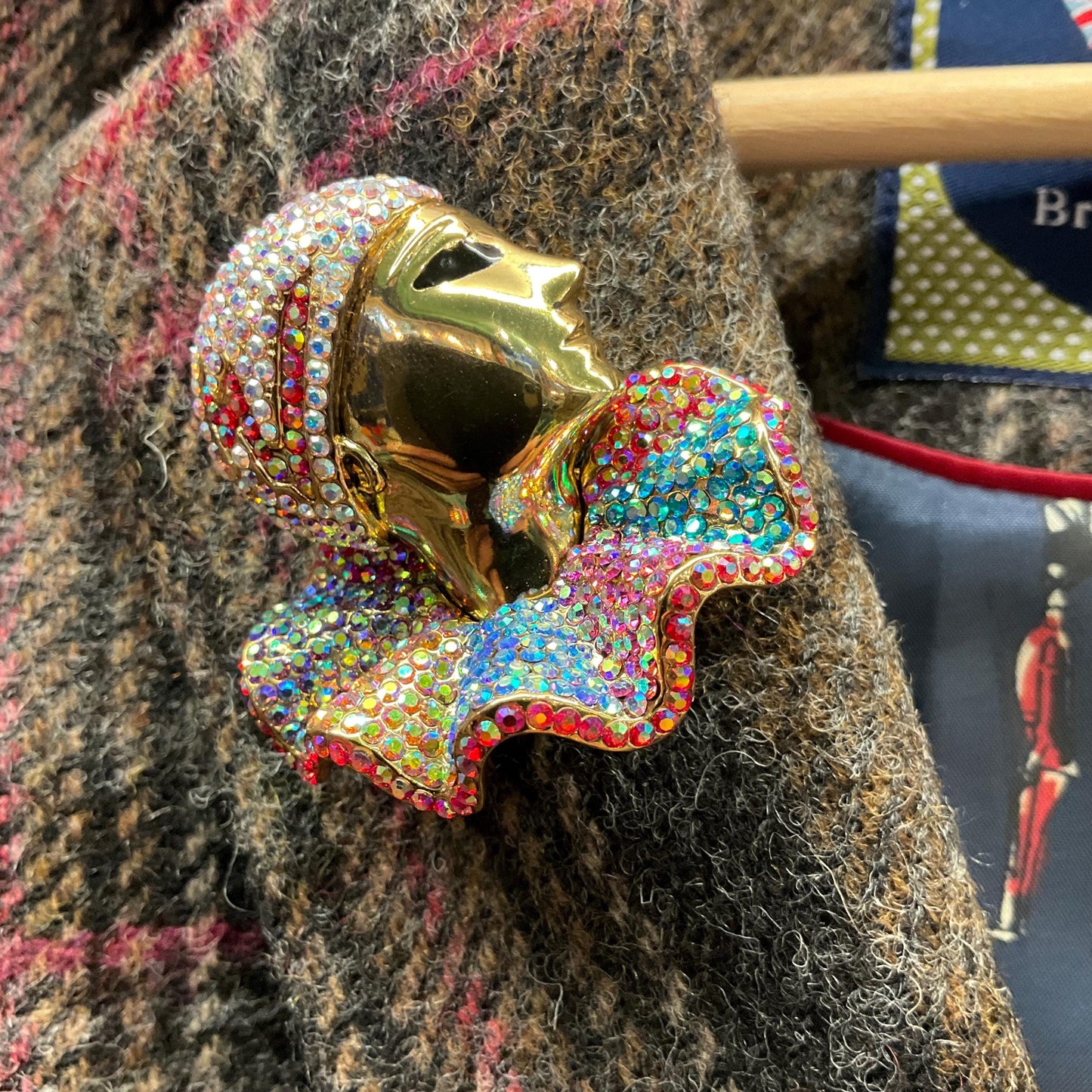 Vintage Butler and Wilson Large Rainbow Crystal Pierrot Clown Brooch, Gold tone with Borealis rhinestones, Sustainable gift