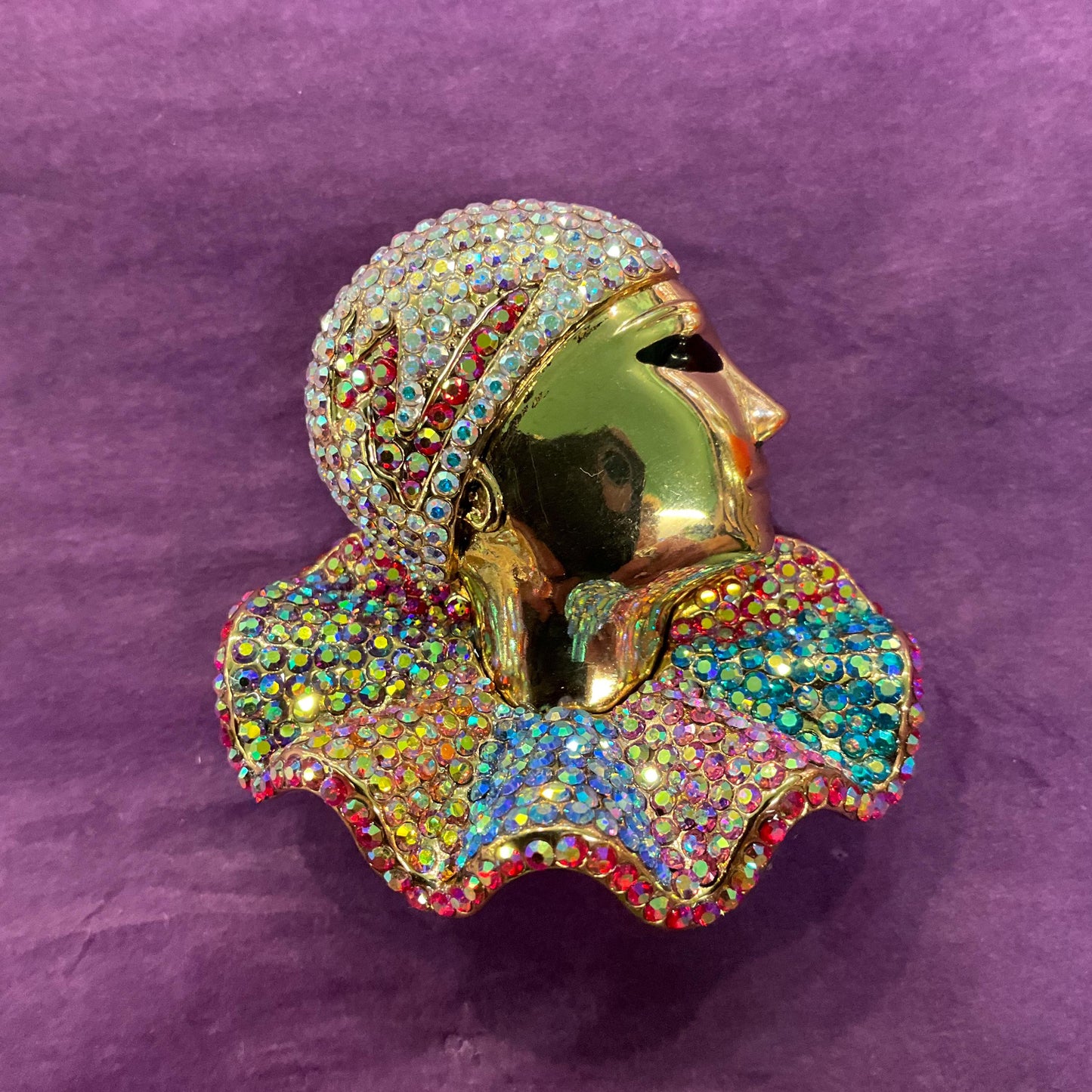 Vintage Butler and Wilson Large Rainbow Crystal Pierrot Clown Brooch, Gold tone with Borealis rhinestones, Sustainable gift