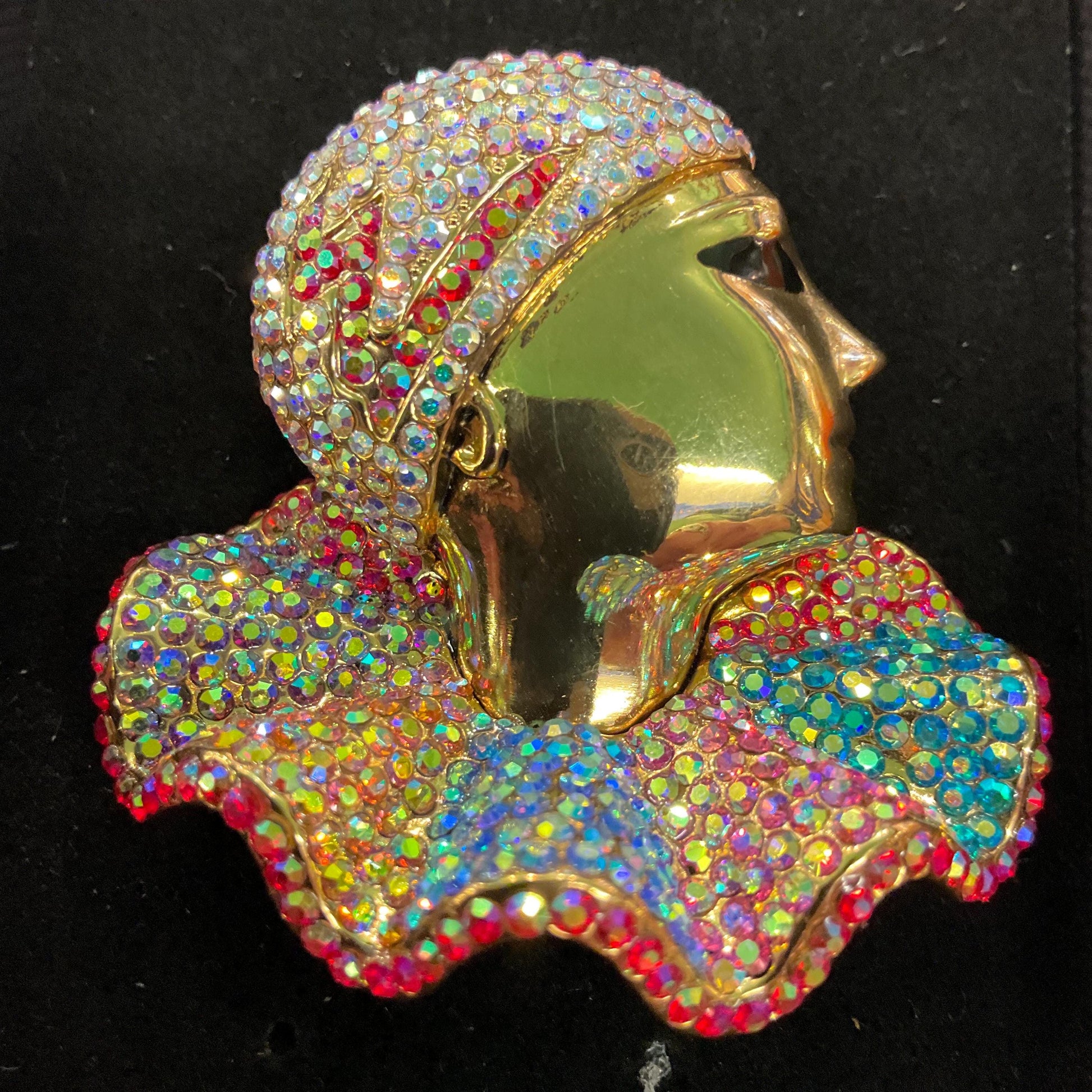 Vintage Butler and Wilson Large Rainbow Crystal Pierrot Clown Brooch, Gold tone with Borealis rhinestones, Sustainable gift