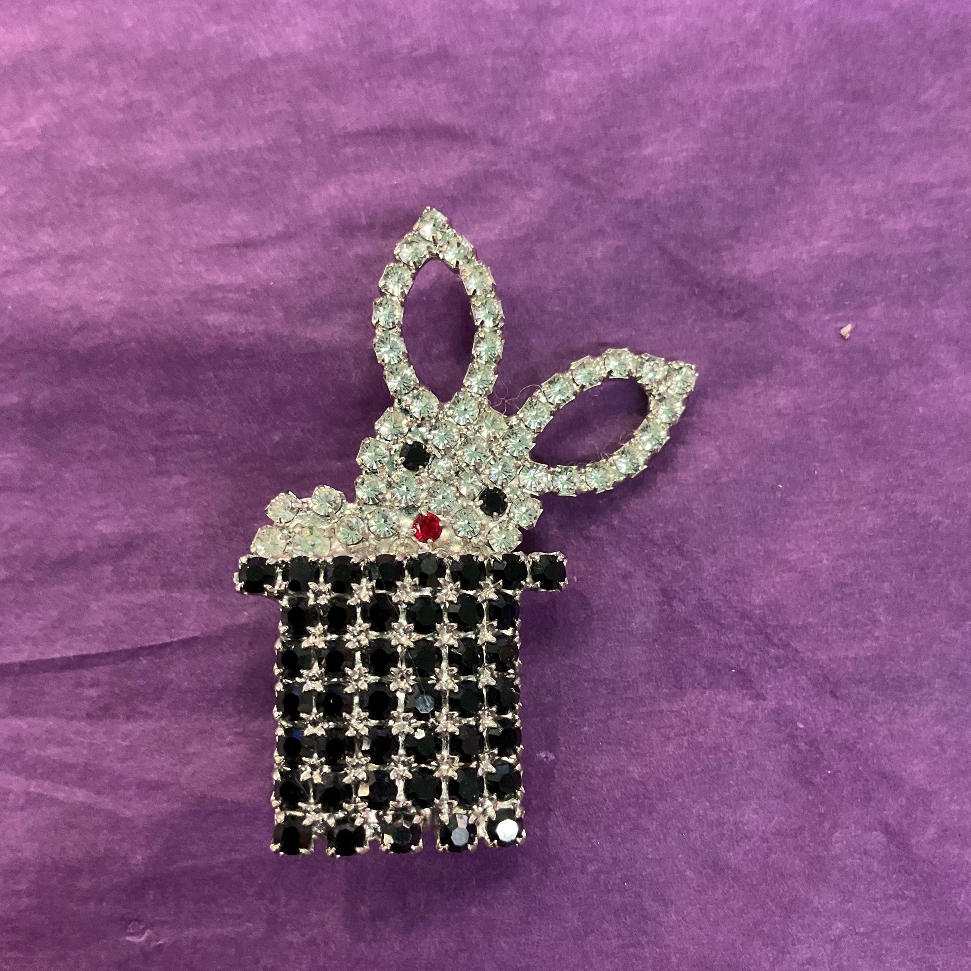 Vintage Butler and Wilson Art Deco Style Crystal Rabbit in a Top Hat Brooch, silver tone with black, silver and red rhinestones