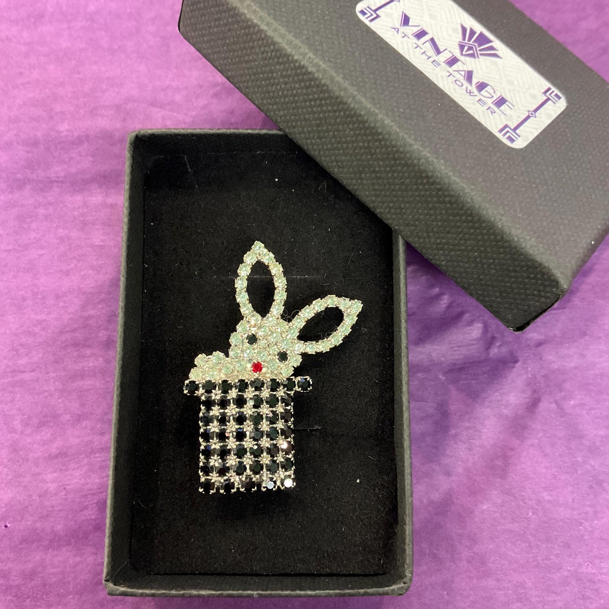 Vintage Butler and Wilson Art Deco Style Crystal Rabbit in a Top Hat Brooch, silver tone with black, silver and red rhinestones
