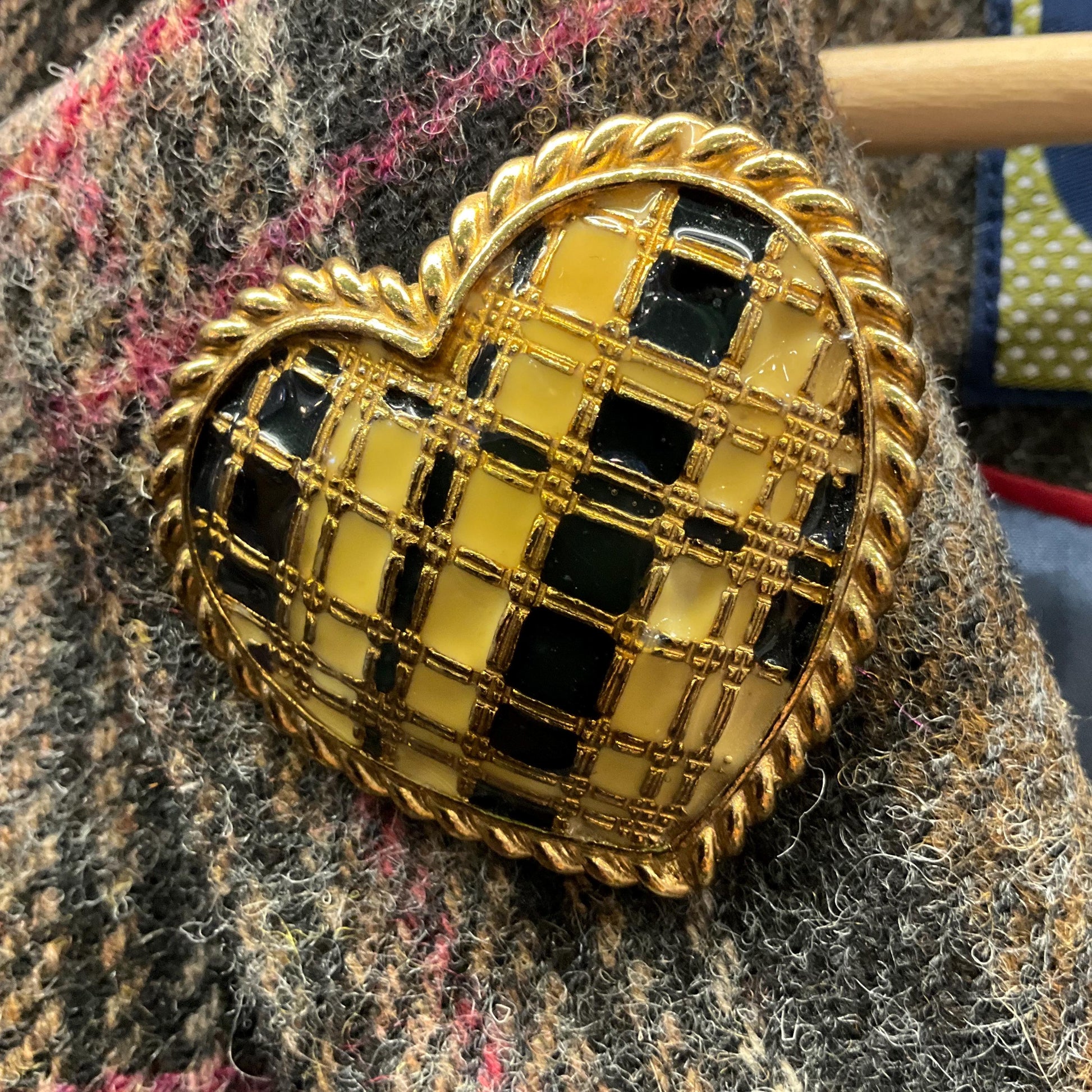 Vintage Butler and Wilson Large Gold and Black Heart Shaped Brooch, Gold tone with glossy enamel, Sustainable gift