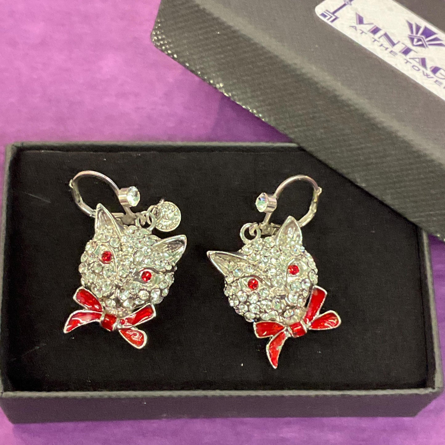 Vintage Butler and Wilson Crystal Cat Drop Earrings, silver tone with silver rhinestones and red enamel, cat lover gift