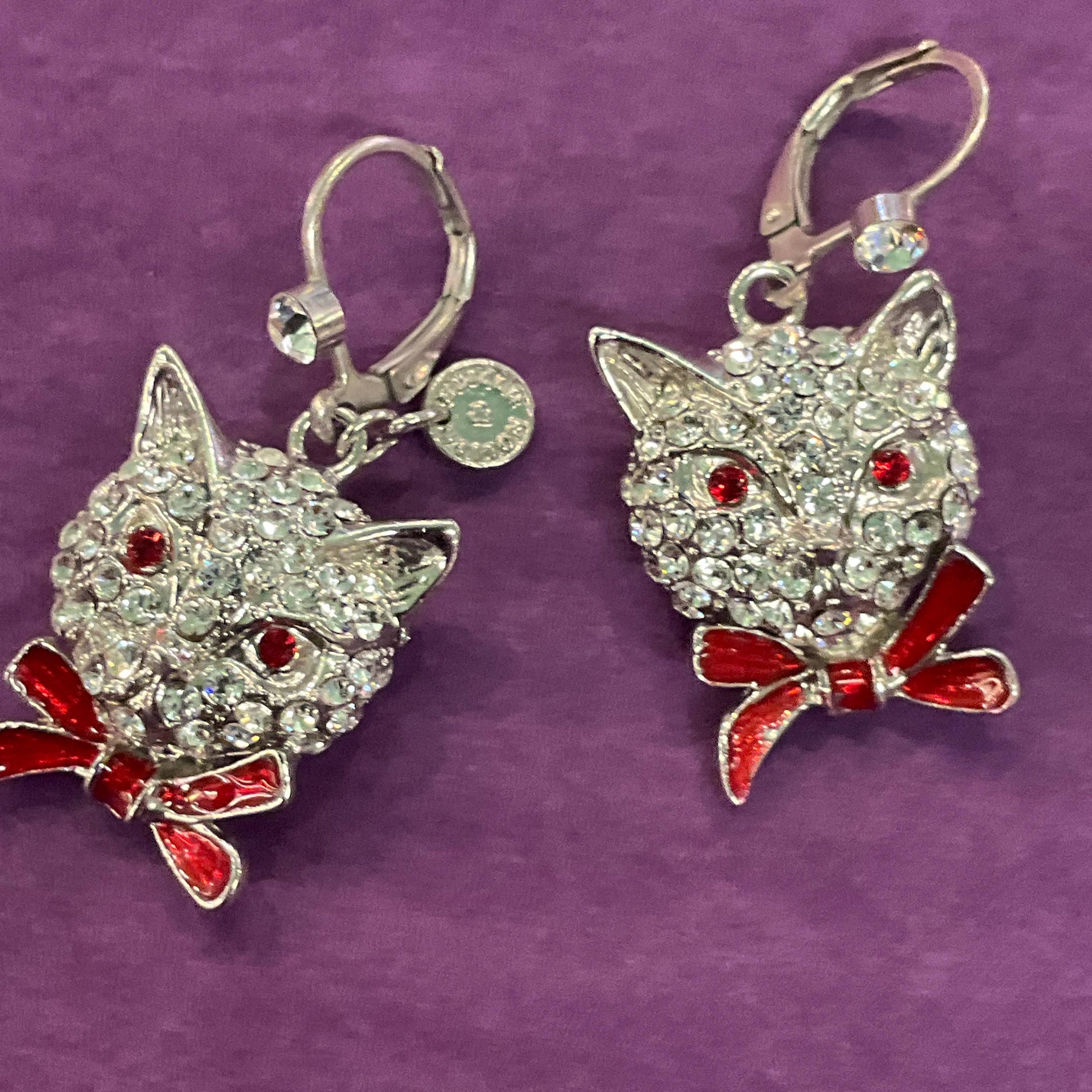 Vintage Butler and Wilson Crystal Cat Drop Earrings, silver tone with silver rhinestones and red enamel, cat lover gift