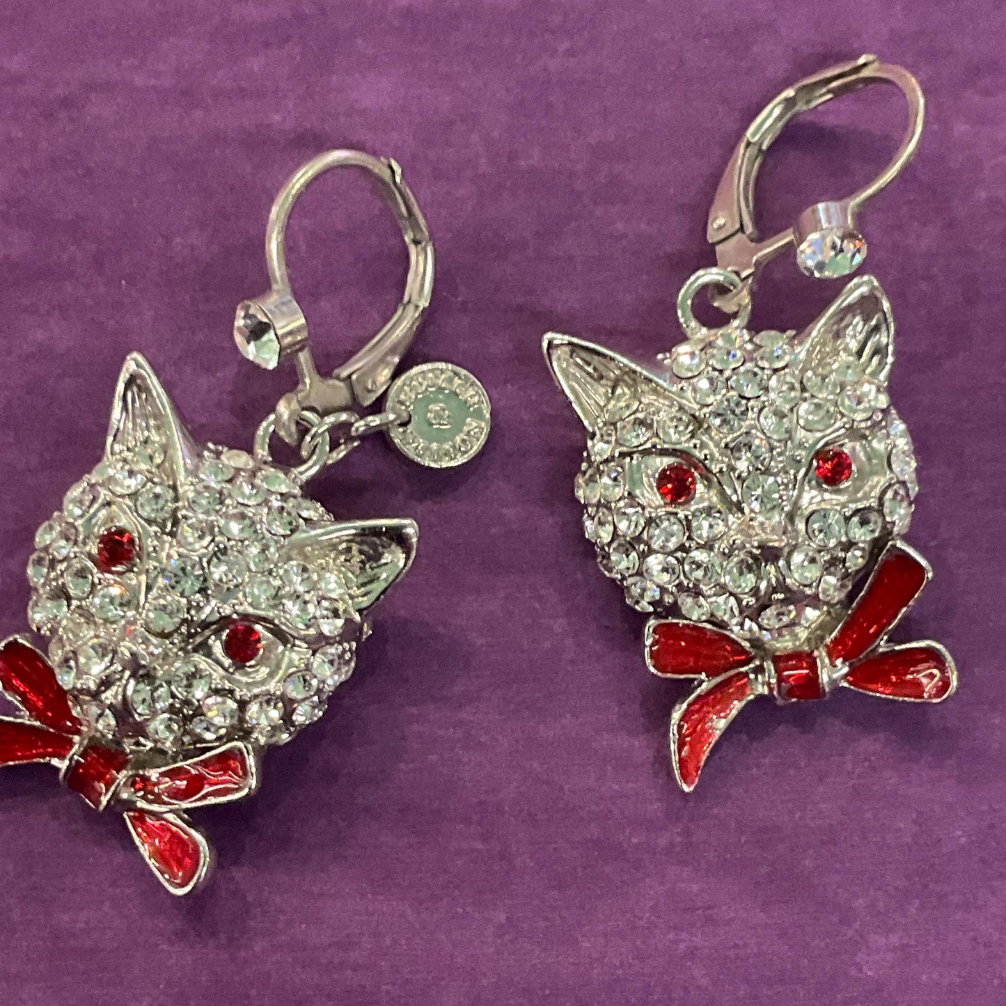 Vintage Butler and Wilson Crystal Cat Drop Earrings, silver tone with silver rhinestones and red enamel, cat lover gift
