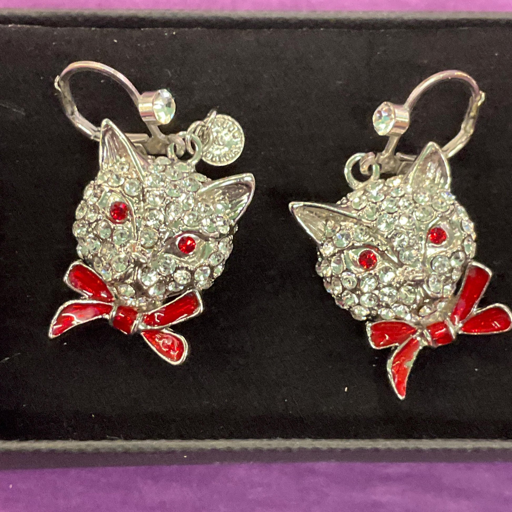 Vintage Butler and Wilson Crystal Cat Drop Earrings, silver tone with silver rhinestones and red enamel, cat lover gift