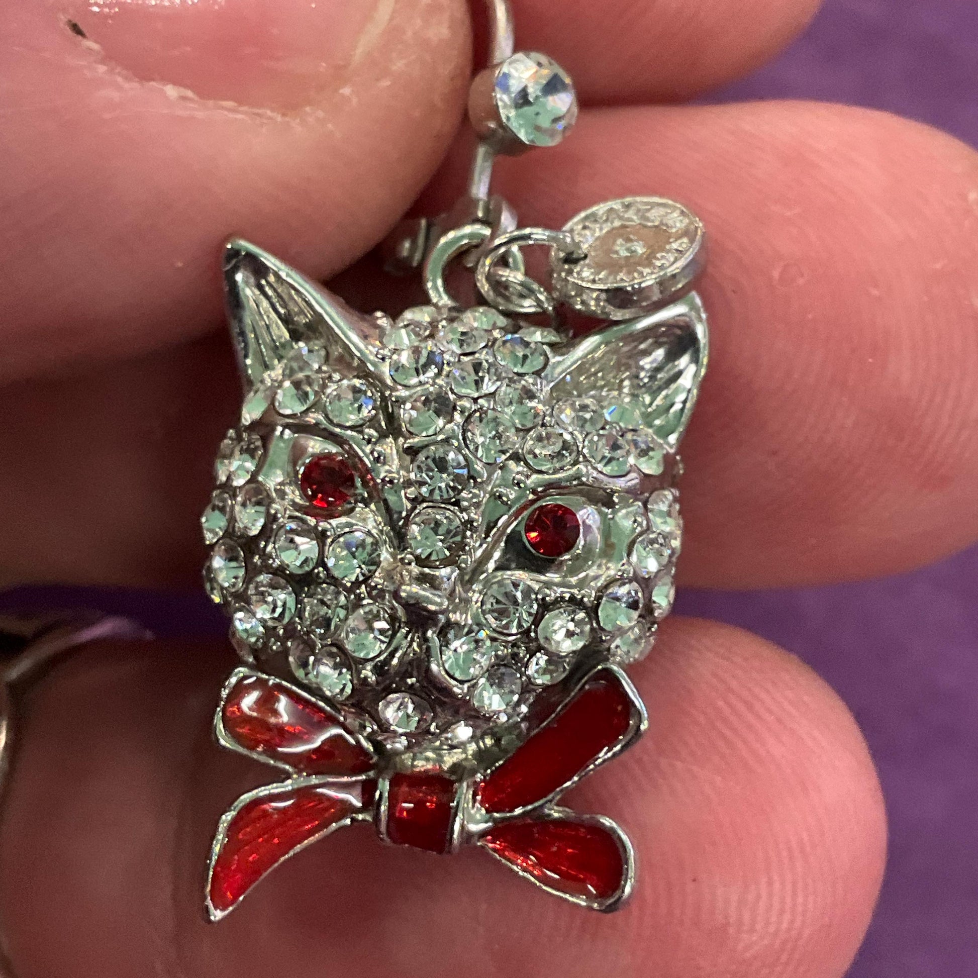 Vintage Butler and Wilson Crystal Cat Drop Earrings, silver tone with silver rhinestones and red enamel, cat lover gift