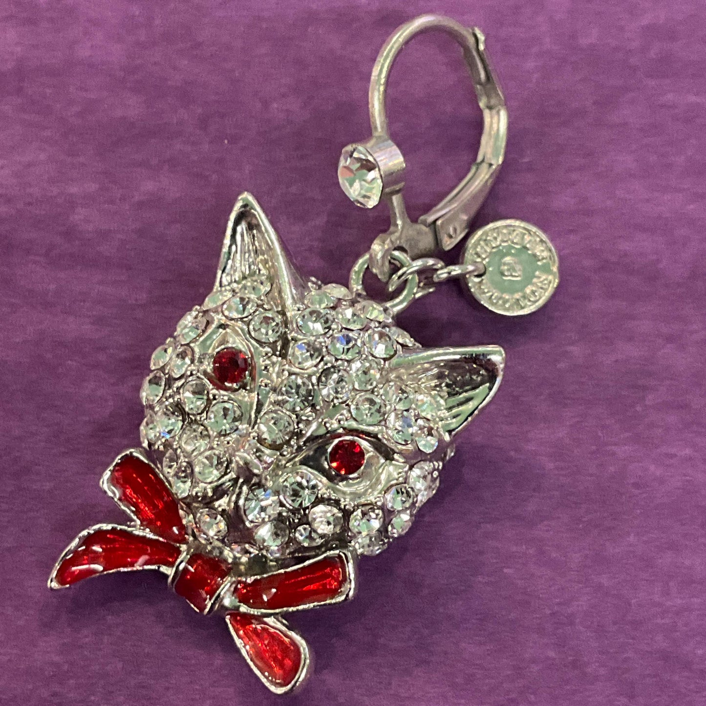 Vintage Butler and Wilson Crystal Cat Drop Earrings, silver tone with silver rhinestones and red enamel, cat lover gift