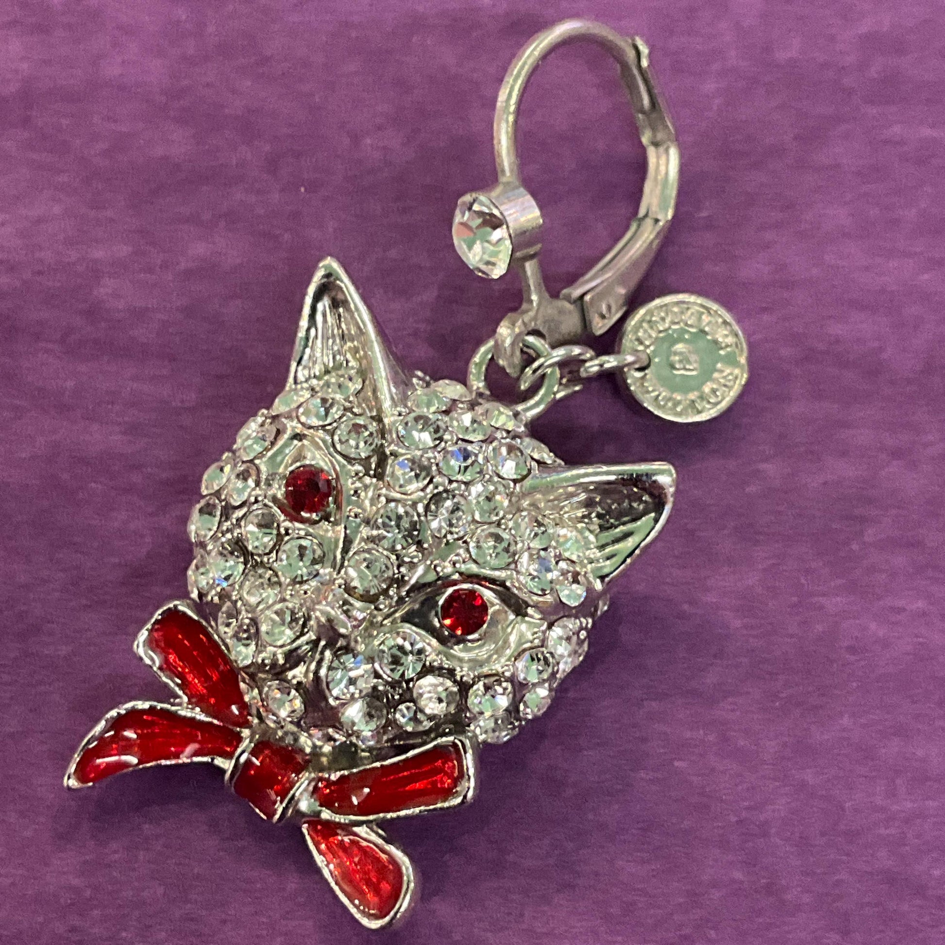 Vintage Butler and Wilson Crystal Cat Drop Earrings, silver tone with silver rhinestones and red enamel, cat lover gift