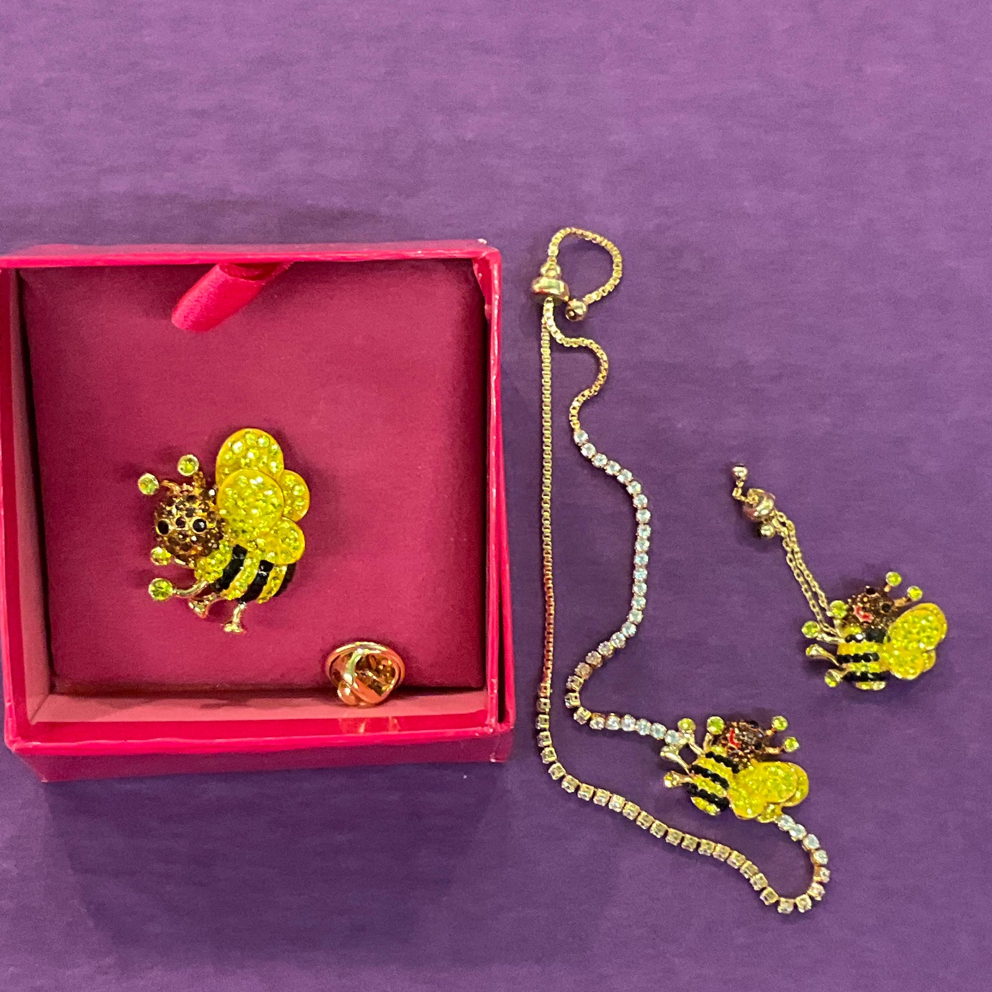 Vintage Butler and Wilson Crystal Bee Adjustable Ring and Bracelet Set, Gold tone with yellow, black and bronze rhinestones