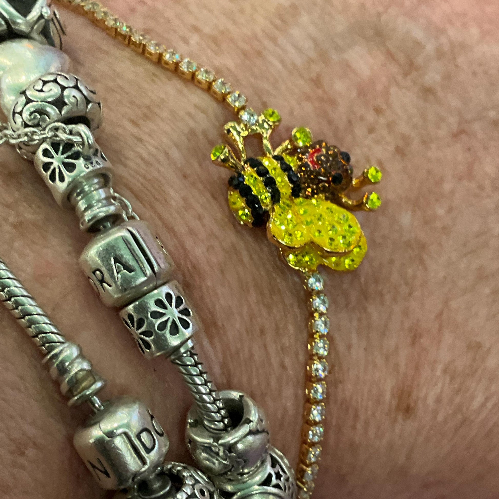 Vintage Butler and Wilson Crystal Bee Adjustable Ring and Bracelet Set, Gold tone with yellow, black and bronze rhinestones