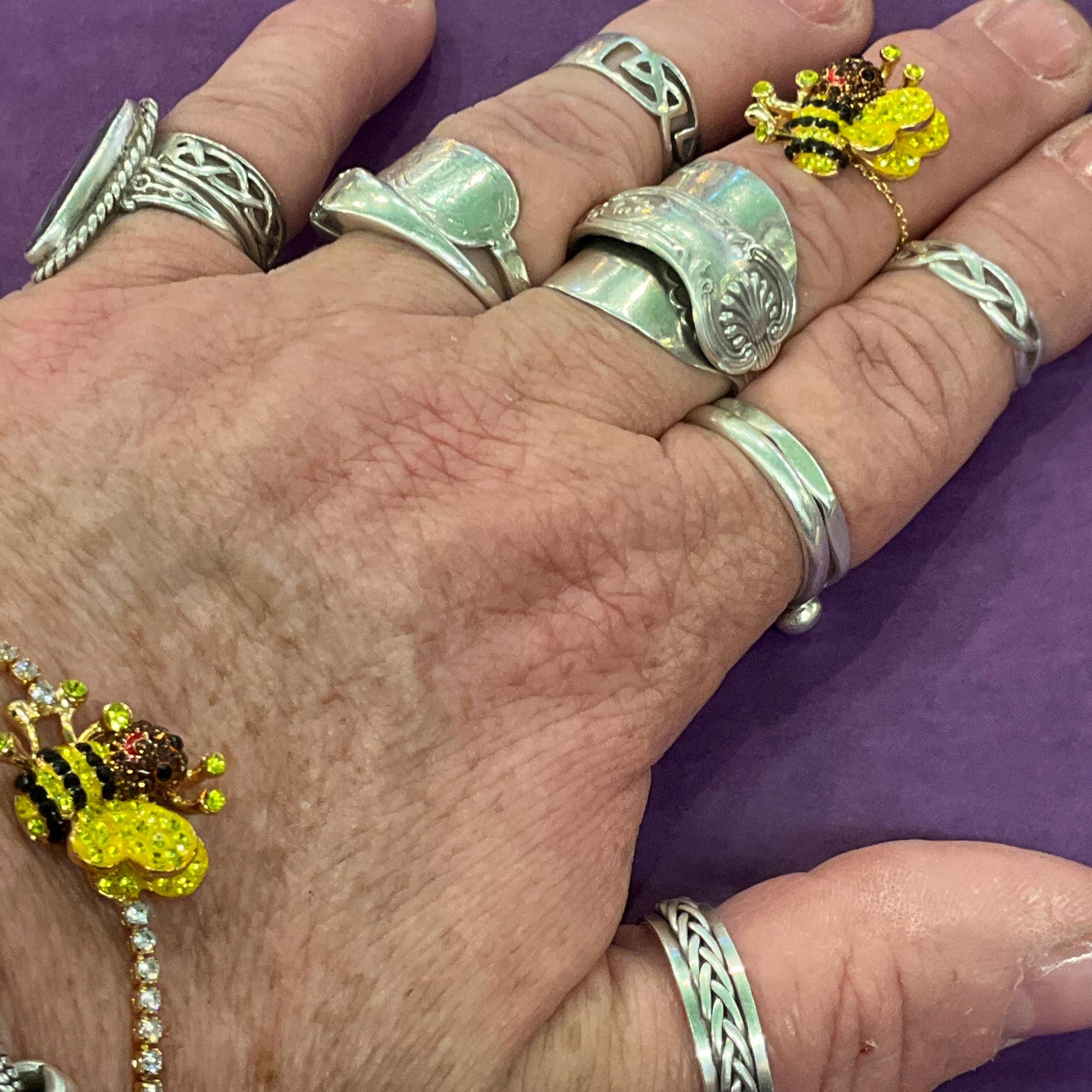 Vintage Butler and Wilson Crystal Bee Adjustable Ring and Bracelet Set, Gold tone with yellow, black and bronze rhinestones