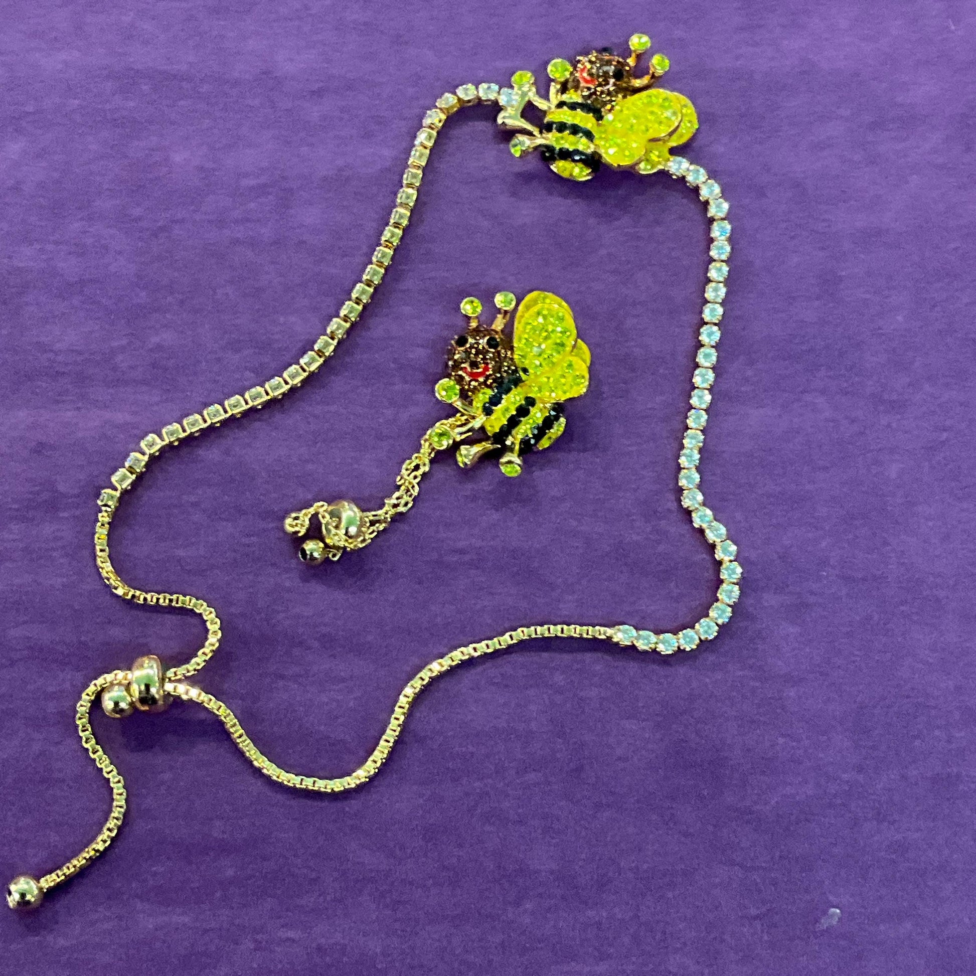 Vintage Butler and Wilson Crystal Bee Adjustable Ring and Bracelet Set, Gold tone with yellow, black and bronze rhinestones