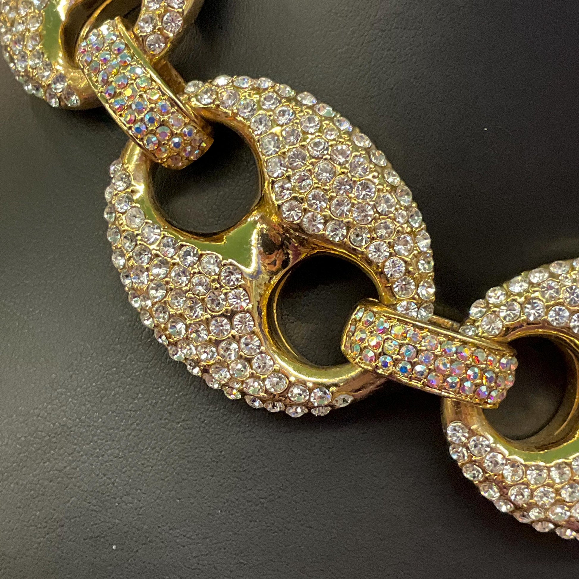 Vintage Butler and Wilson Statement Crystal Chain Link Necklace, Gold tone with silver and Aurora Borealis rhinestones