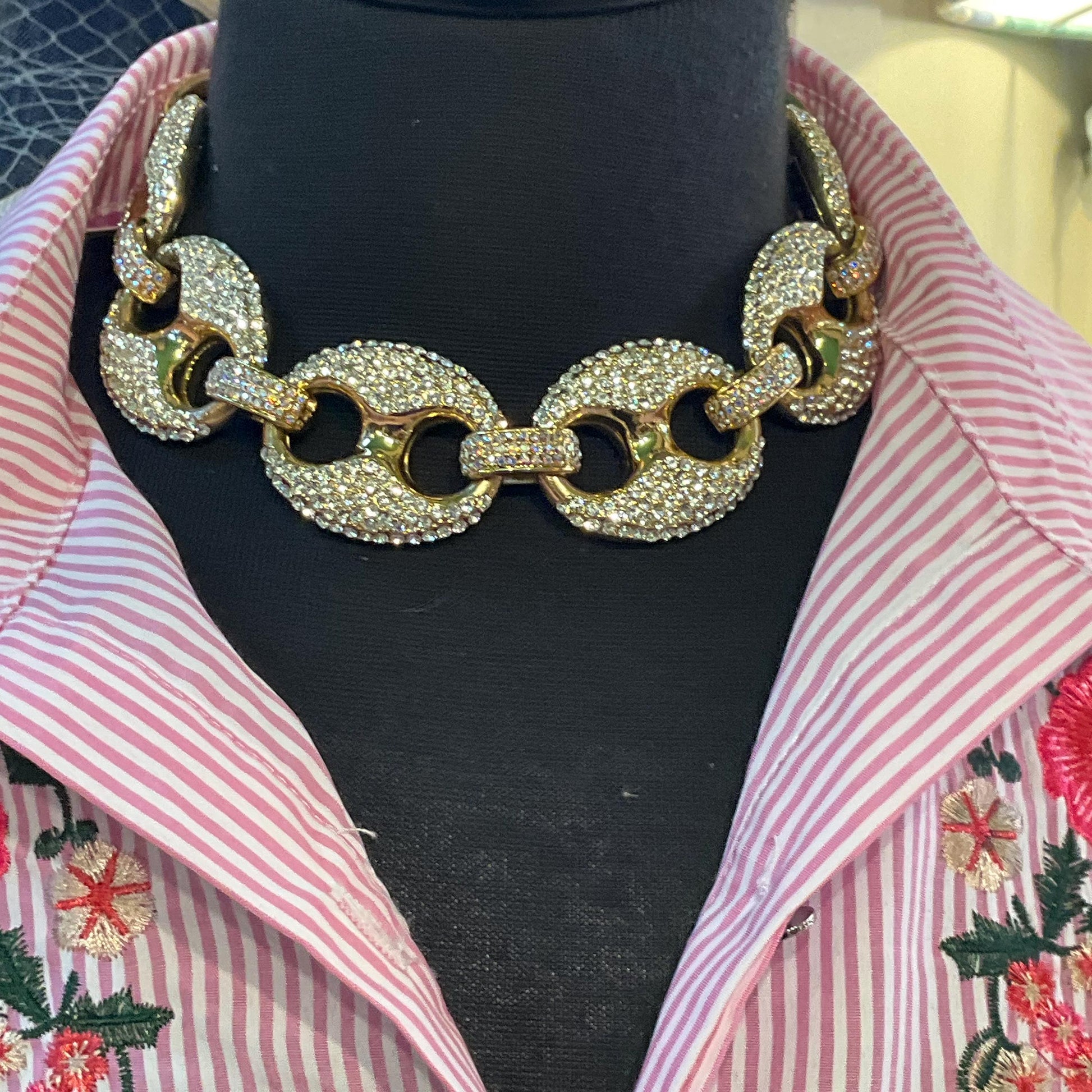 Vintage Butler and Wilson Statement Crystal Chain Link Necklace, Gold tone with silver and Aurora Borealis rhinestones