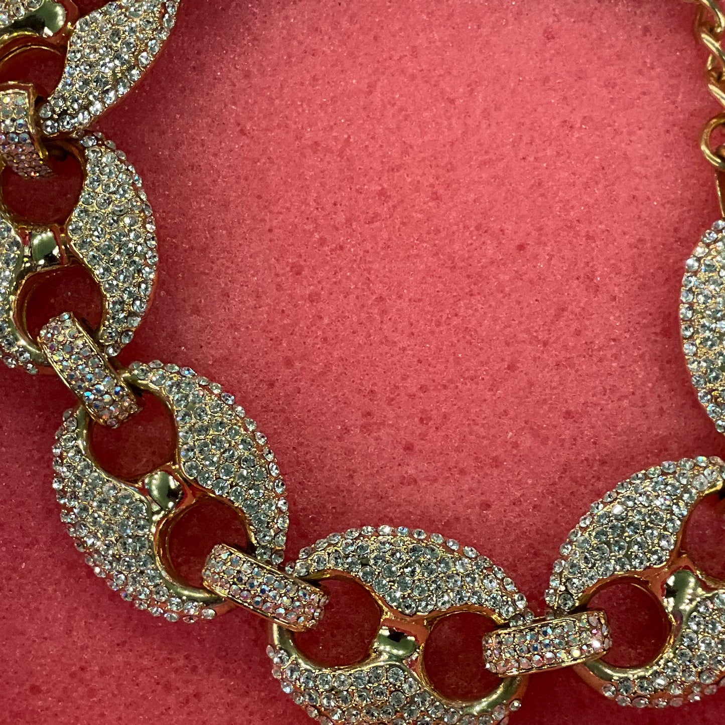 Vintage Butler and Wilson Statement Crystal Chain Link Necklace, Gold tone with silver and Aurora Borealis rhinestones