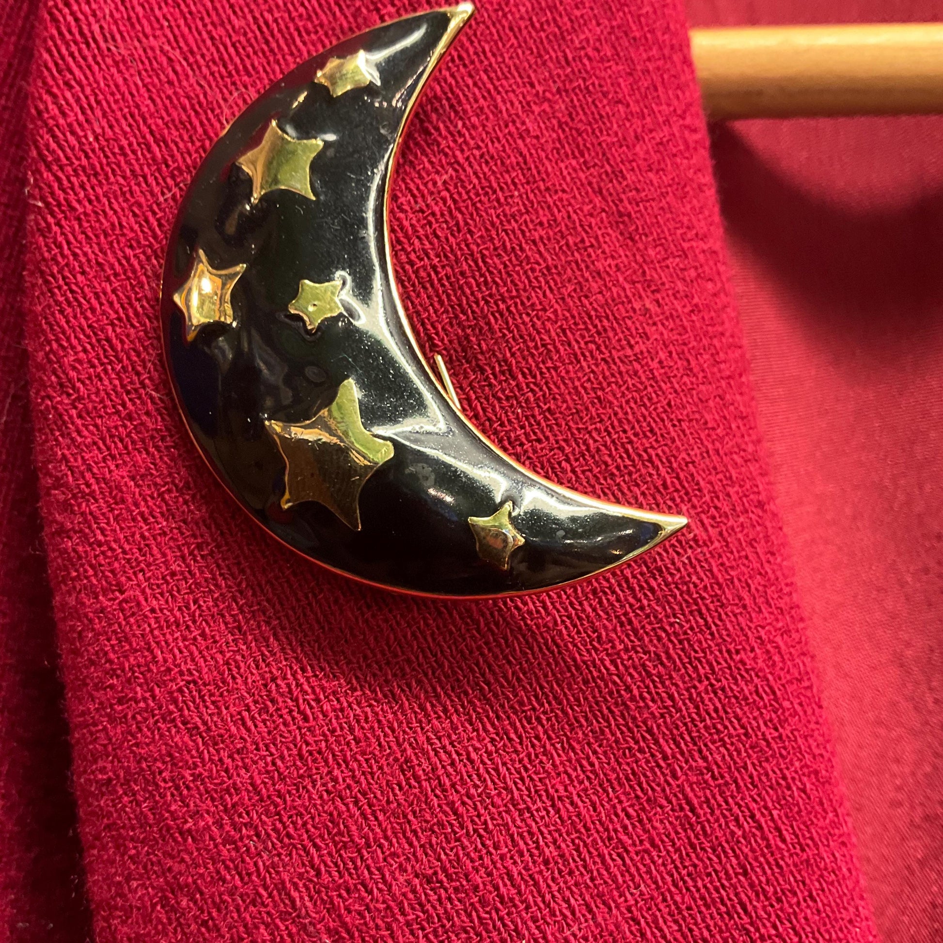 Vintage 1980s Black and Gold Moon and Stars Large Brooch, gold tone with black glossy enamel