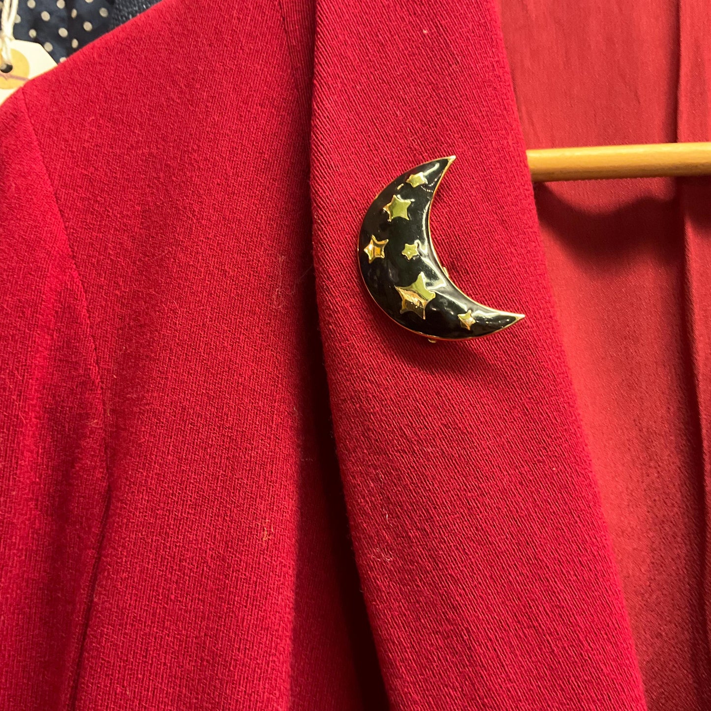 Vintage 1980s Black and Gold Moon and Stars Large Brooch, gold tone with black glossy enamel