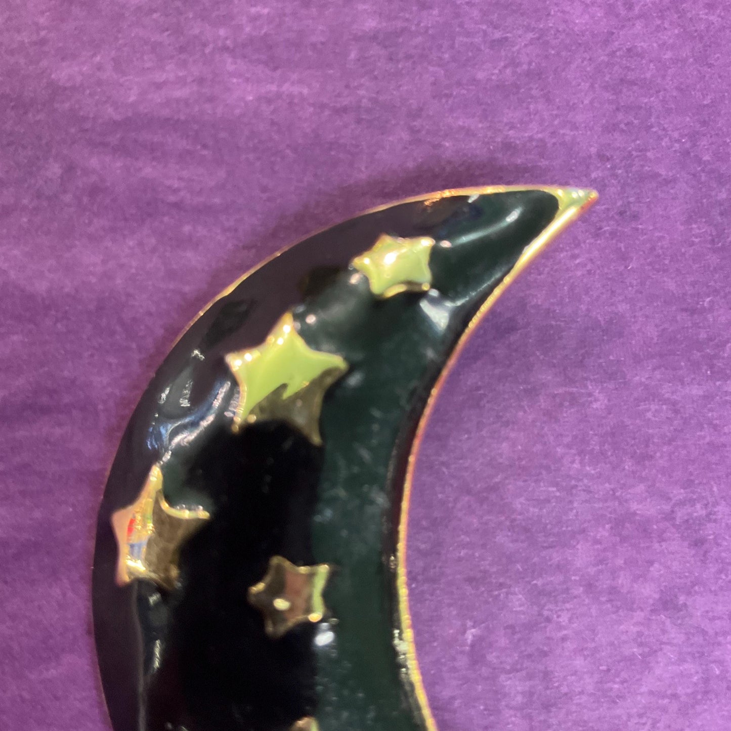 Vintage 1980s Black and Gold Moon and Stars Large Brooch, gold tone with black glossy enamel