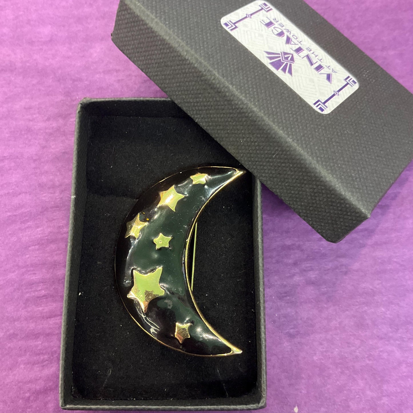 Vintage 1980s Black and Gold Moon and Stars Large Brooch, gold tone with black glossy enamel