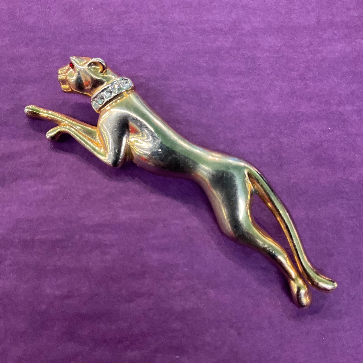 Vintage 1980s ‘Big Cat’ Art Deco Style Golden Panther Large Brooch, gold tone with silver and red rhinestones