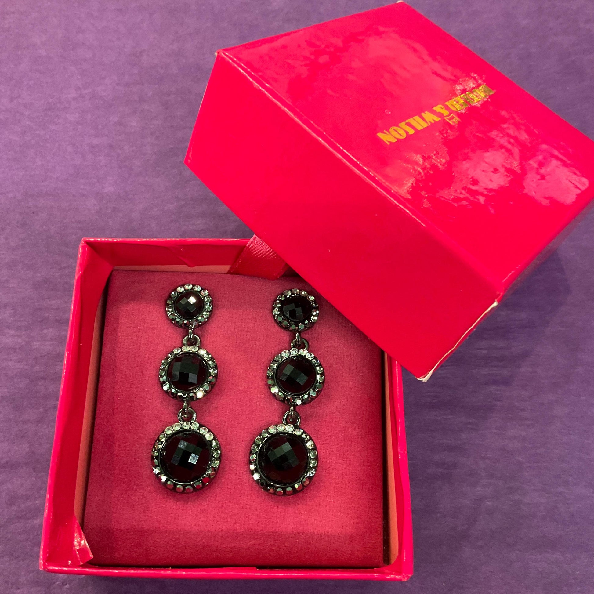 Vintage Butler and Wilson Monotone Crystal Drop Earrings, Dark Pewter tone with black chequerboard cut crystals and silver rhinestones