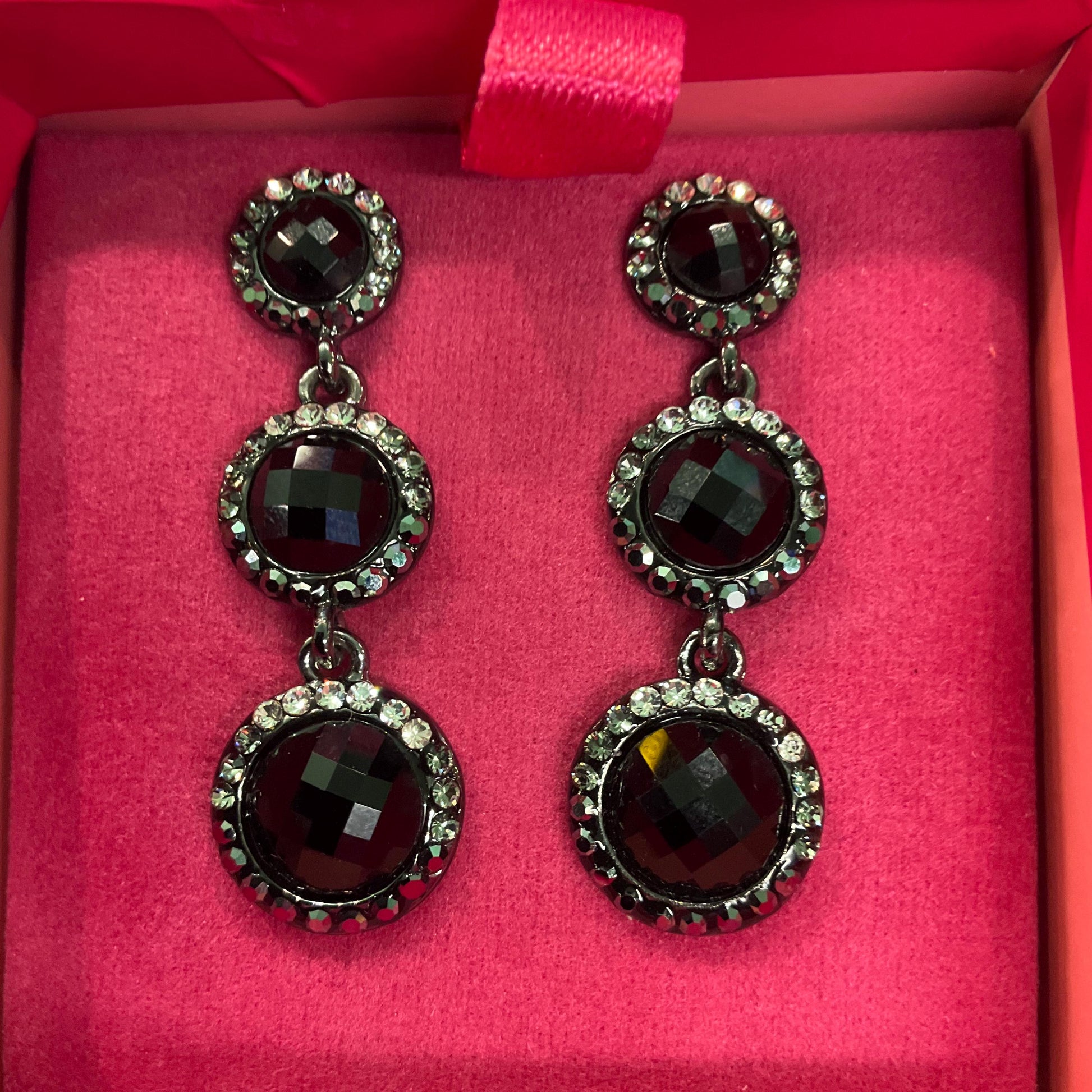 Vintage Butler and Wilson Monotone Crystal Drop Earrings, Dark Pewter tone with black chequerboard cut crystals and silver rhinestones