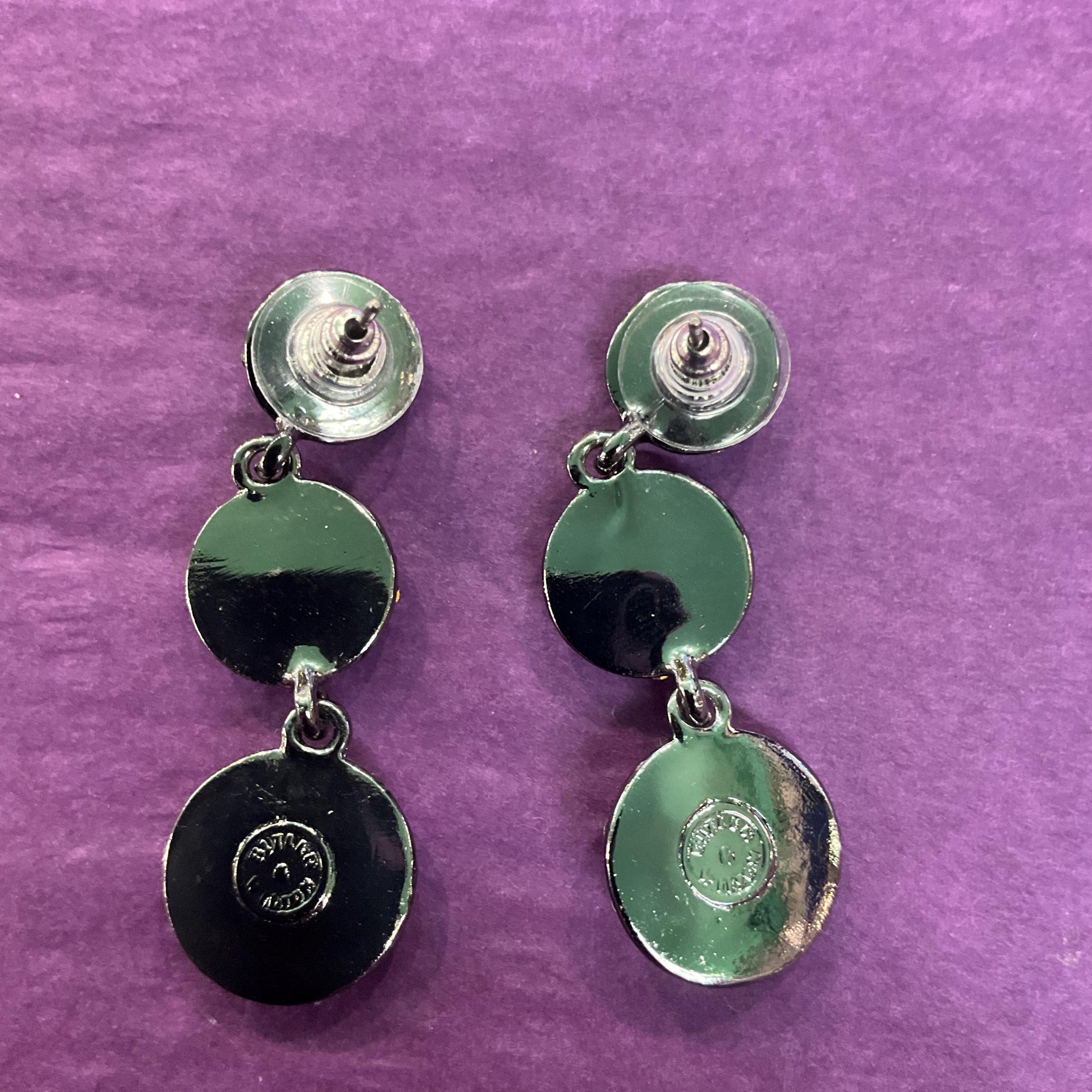 Vintage Butler and Wilson Monotone Crystal Drop Earrings, Dark Pewter tone with black chequerboard cut crystals and silver rhinestones