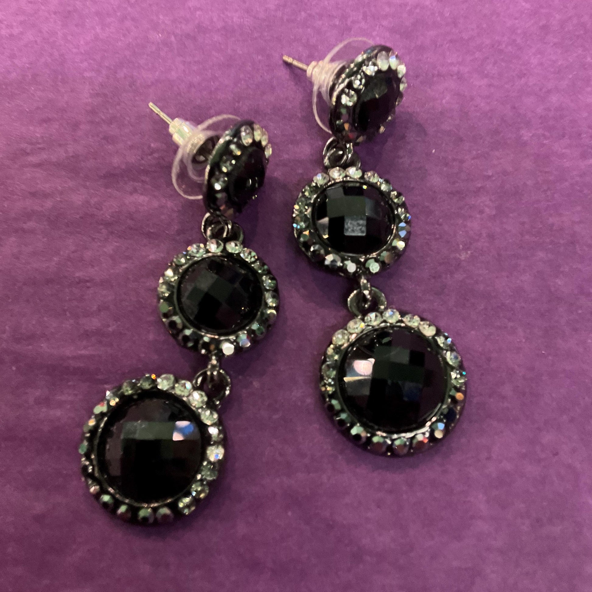 Vintage Butler and Wilson Monotone Crystal Drop Earrings, Dark Pewter tone with black chequerboard cut crystals and silver rhinestones