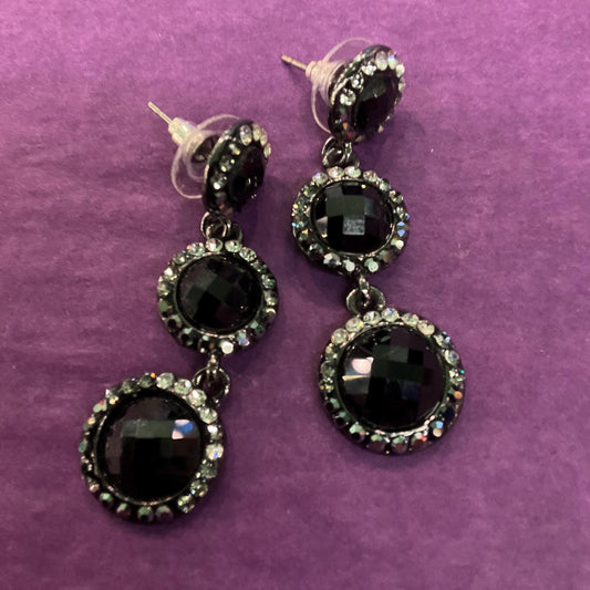 Vintage Butler and Wilson Monotone Crystal Drop Earrings, Dark Pewter tone with black chequerboard cut crystals and silver rhinestones