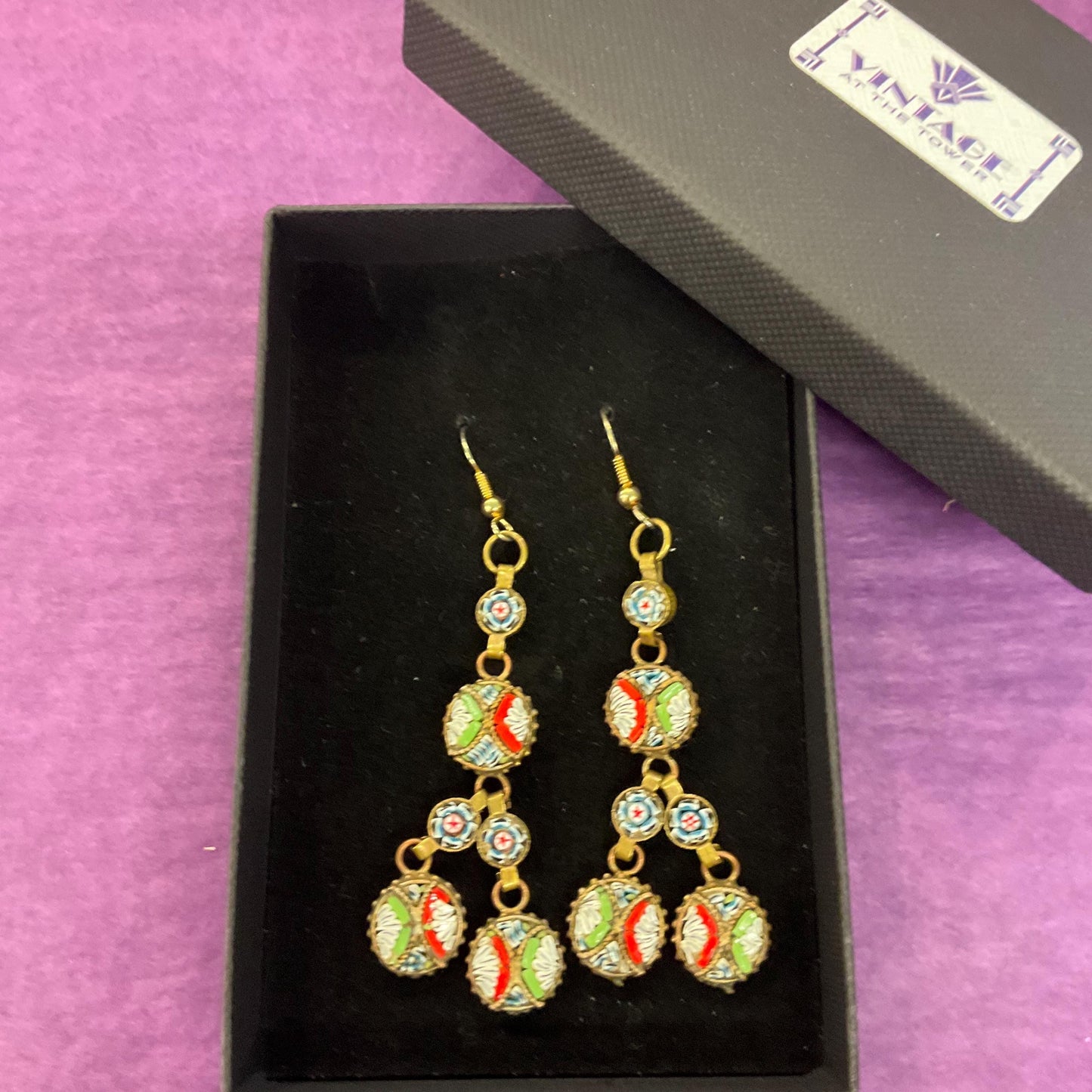 Vintage Italian Micro Mosaic long Drop Earrings, gold tone (brass) and multicoloured glass mosaic
