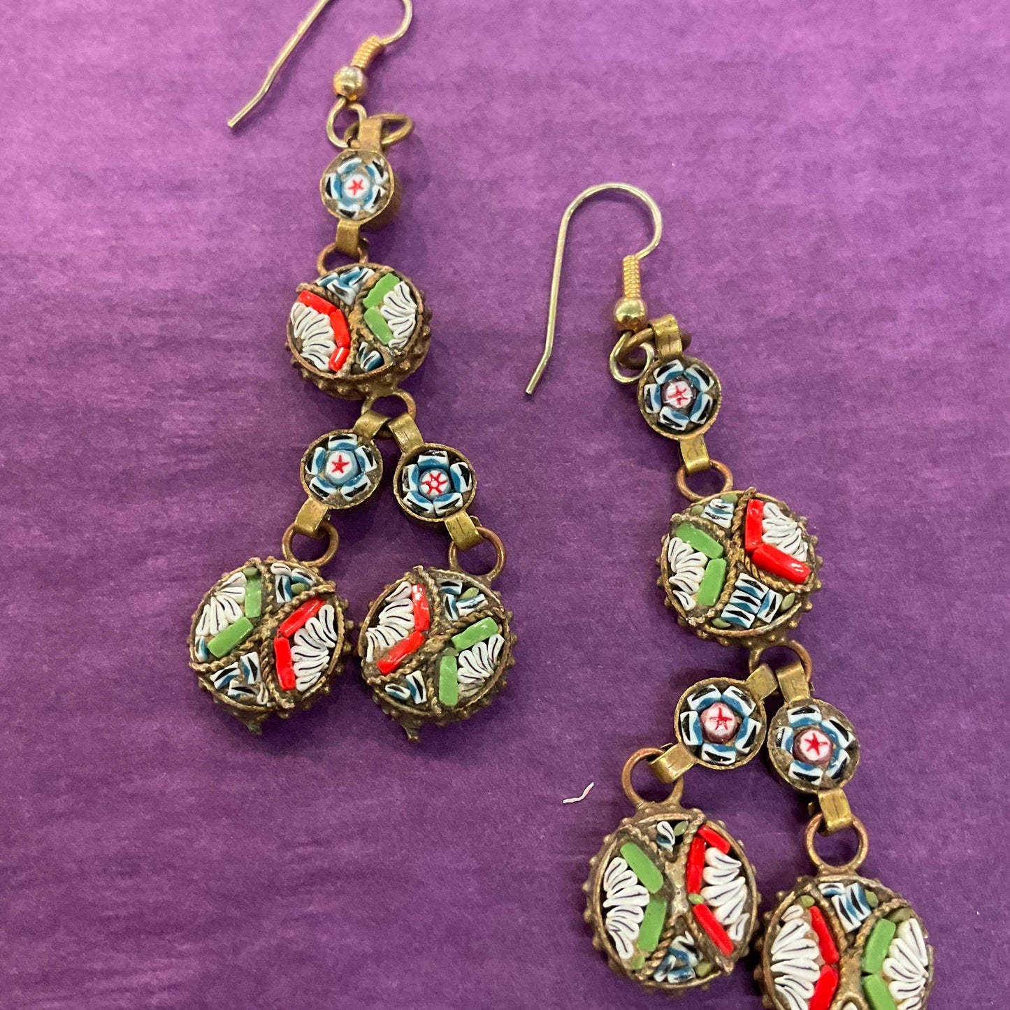 Vintage Italian Micro Mosaic long Drop Earrings, gold tone (brass) and multicoloured glass mosaic