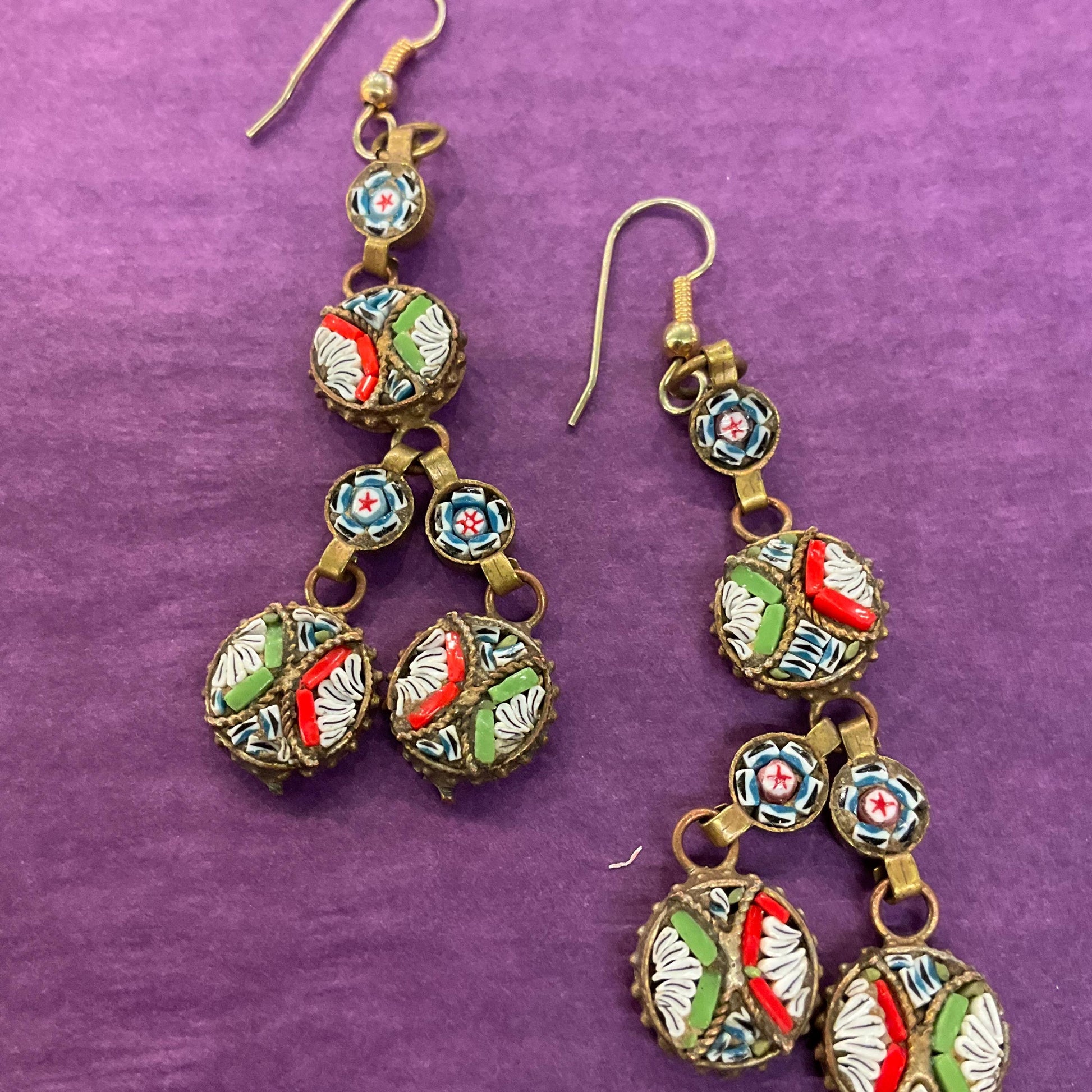 Vintage Italian Micro Mosaic long Drop Earrings, gold tone (brass) and multicoloured glass mosaic