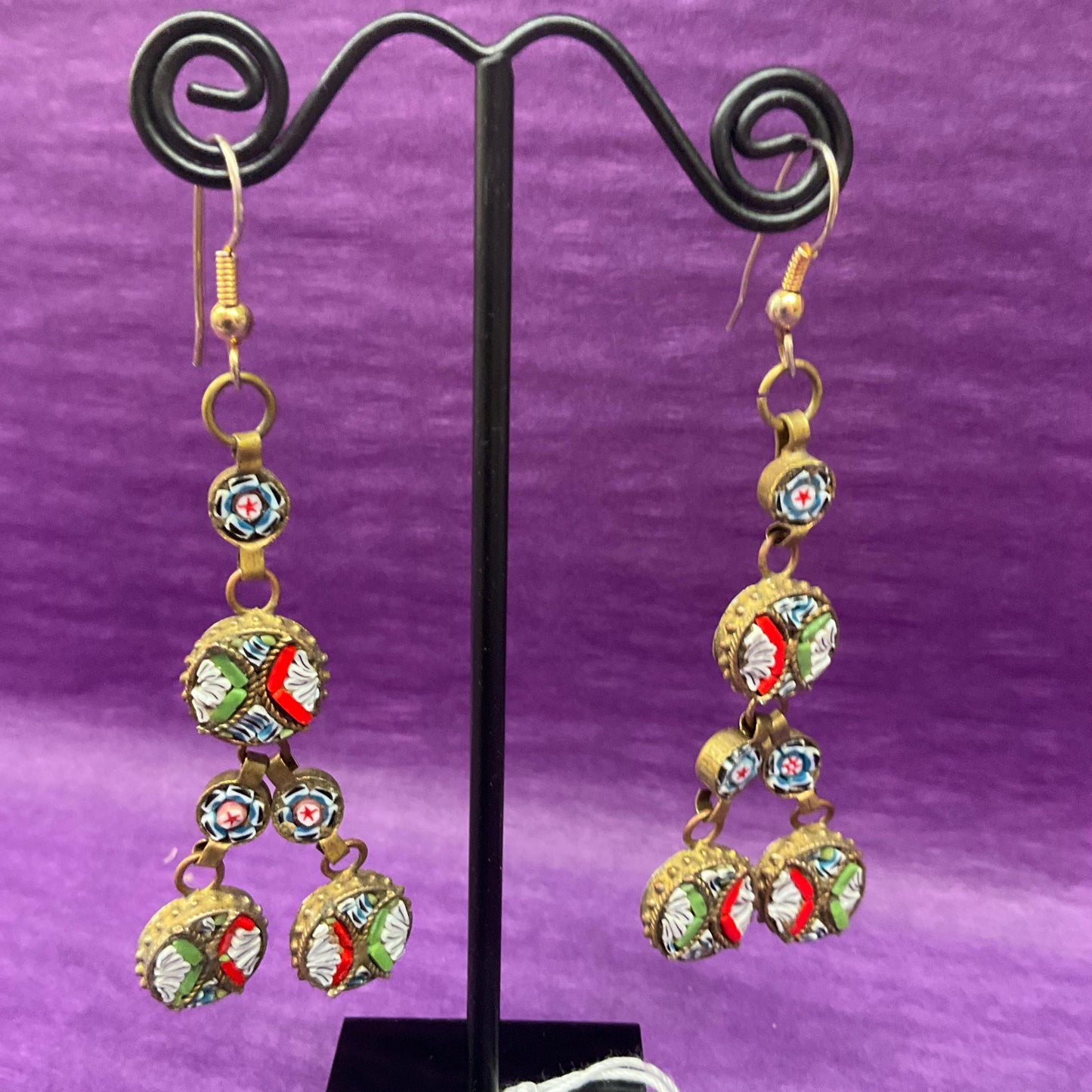 Vintage Italian Micro Mosaic long Drop Earrings, gold tone (brass) and multicoloured glass mosaic