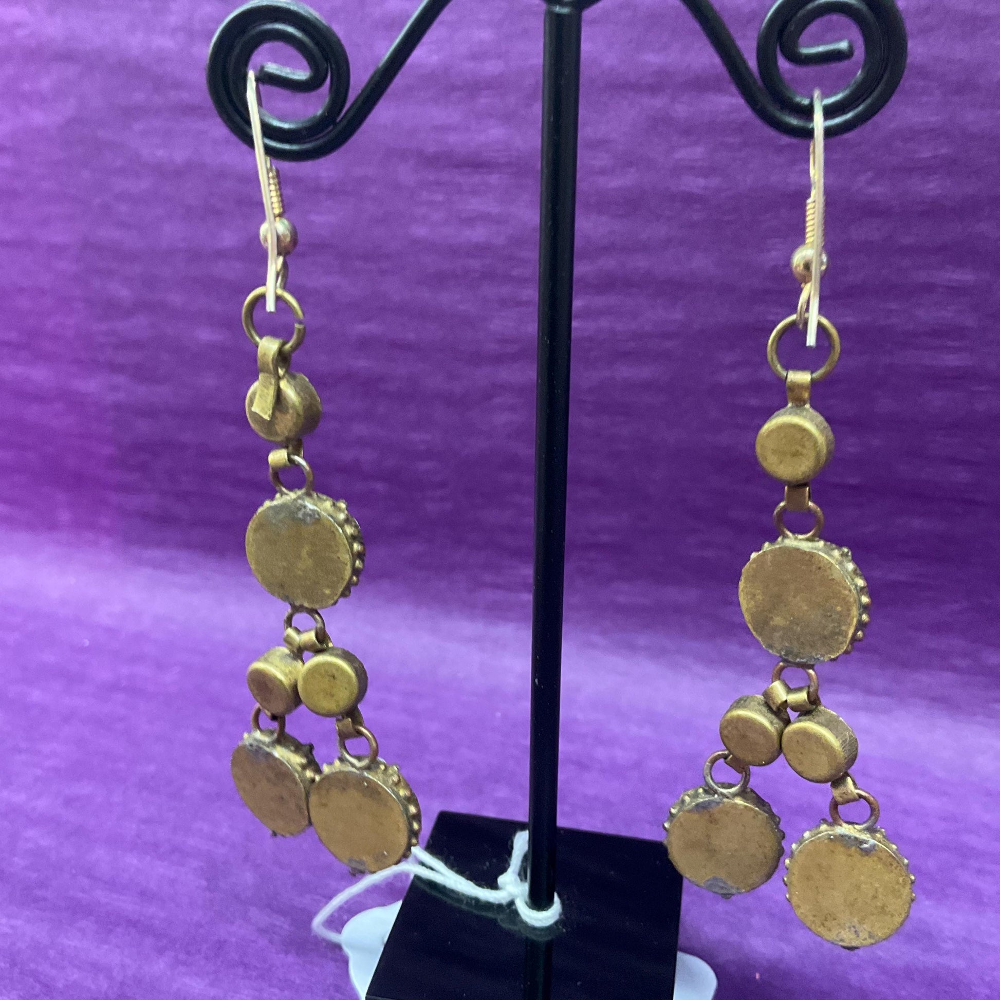 Vintage Italian Micro Mosaic long Drop Earrings, gold tone (brass) and multicoloured glass mosaic