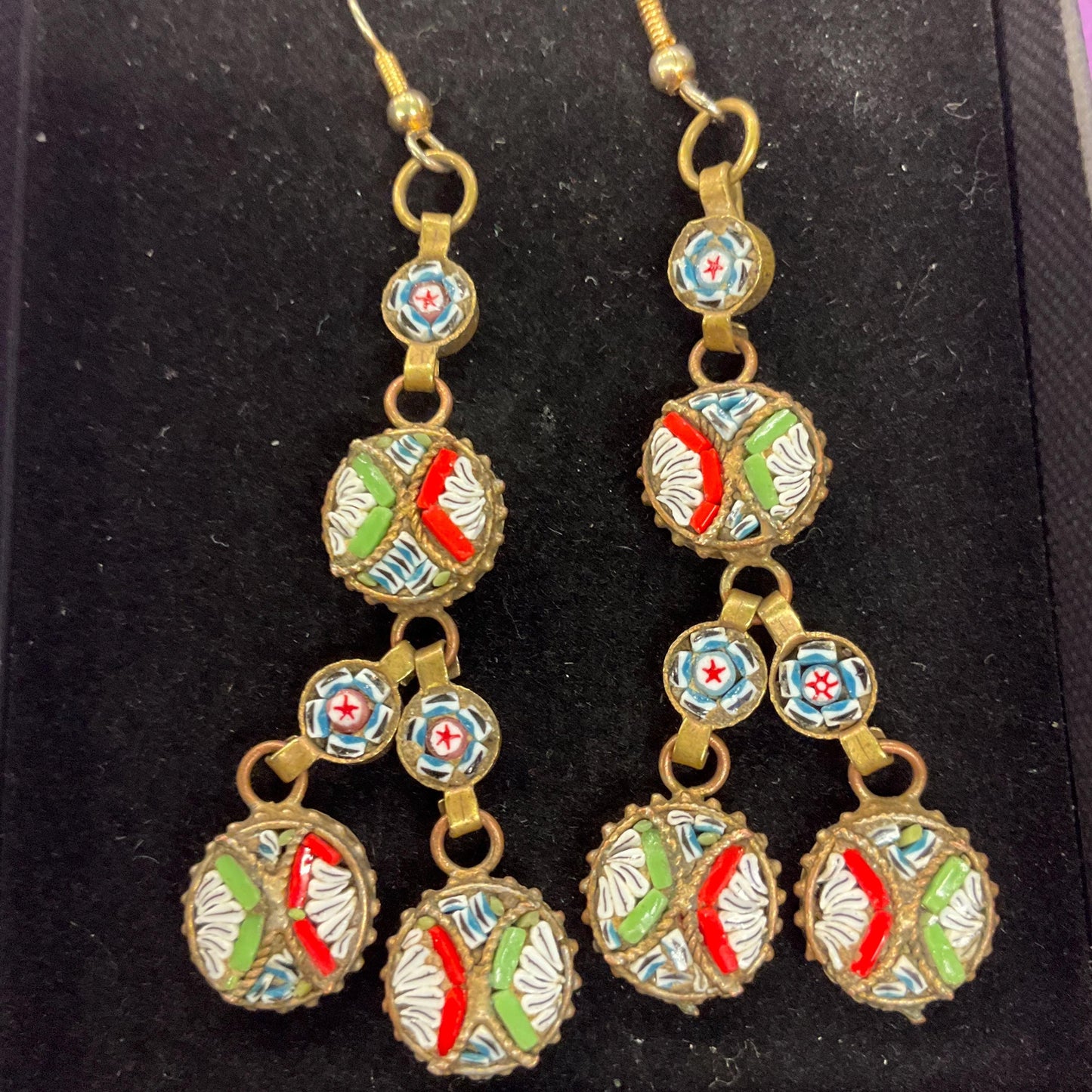 Vintage Italian Micro Mosaic long Drop Earrings, gold tone (brass) and multicoloured glass mosaic
