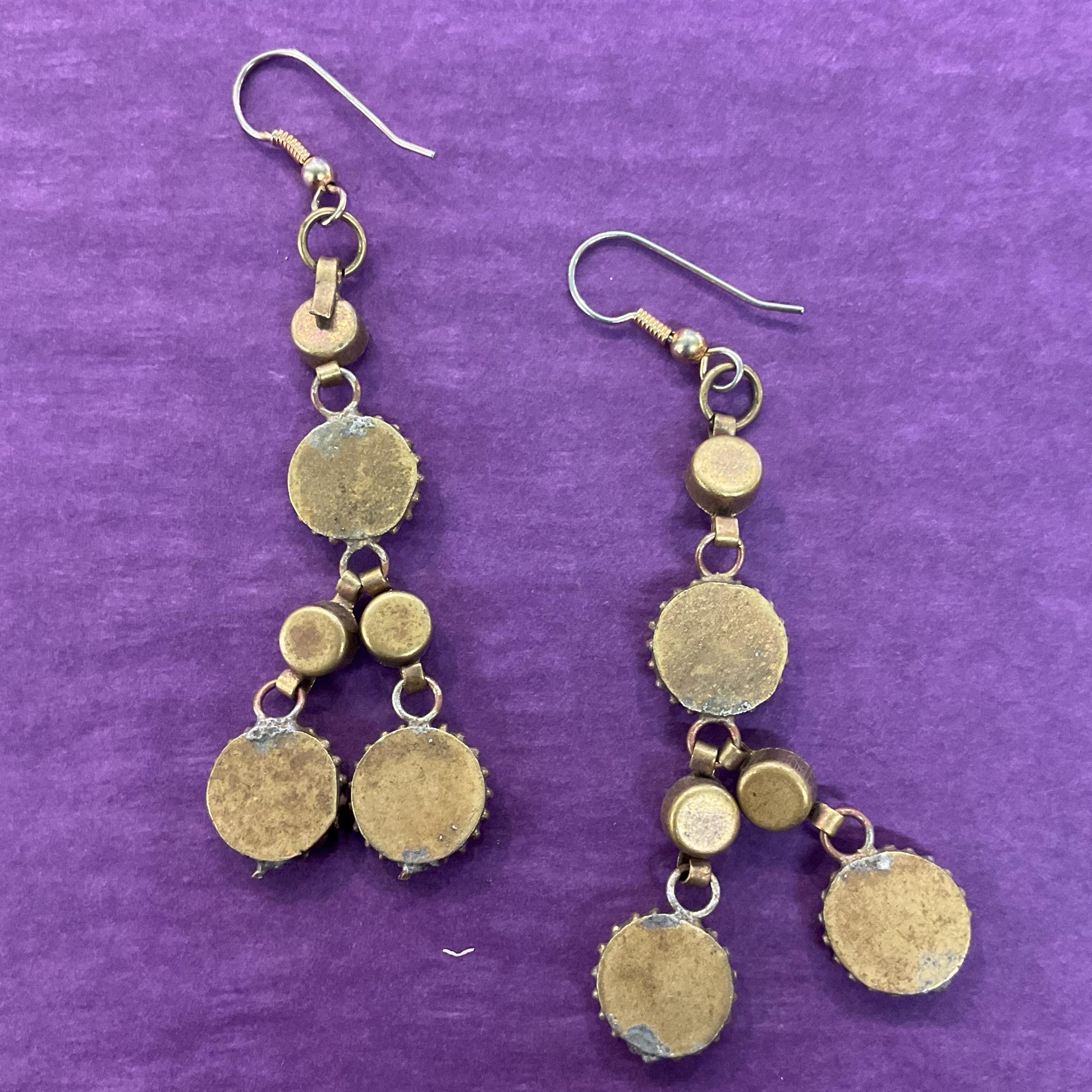 Vintage Italian Micro Mosaic long Drop Earrings, gold tone (brass) and multicoloured glass mosaic