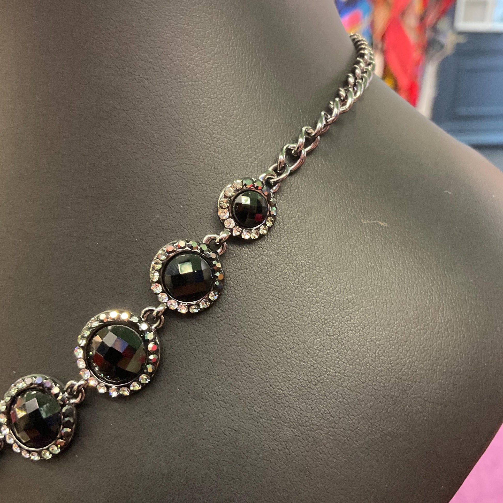 Vintage Butler and Wilson Monotone Crystal Necklace, Dark pewter tone with black chequerboard cut crystals and ombré rhinestones