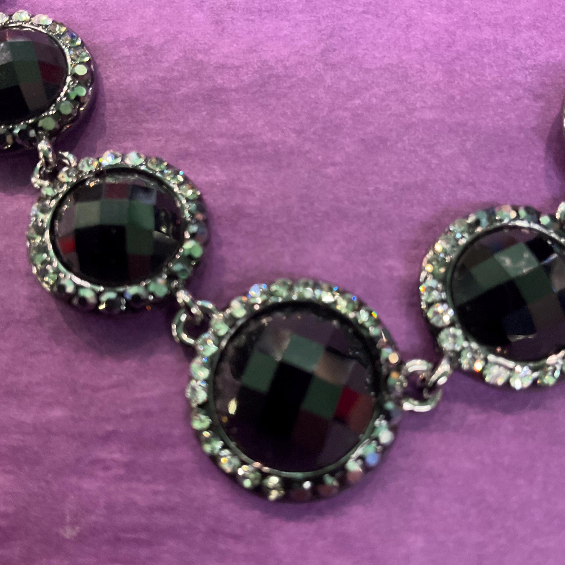 Vintage Butler and Wilson Monotone Crystal Necklace, Dark pewter tone with black chequerboard cut crystals and ombré rhinestones