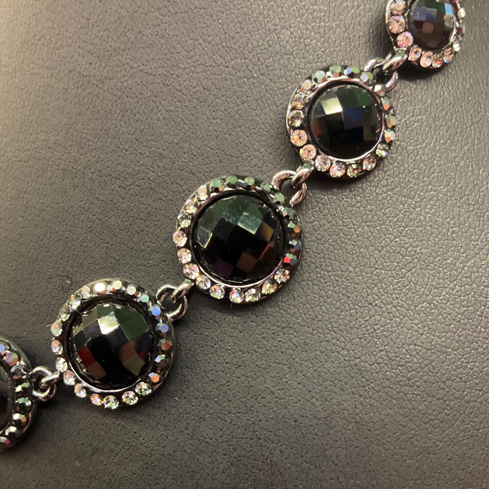 Vintage Butler and Wilson Monotone Crystal Necklace, Dark pewter tone with black chequerboard cut crystals and ombré rhinestones