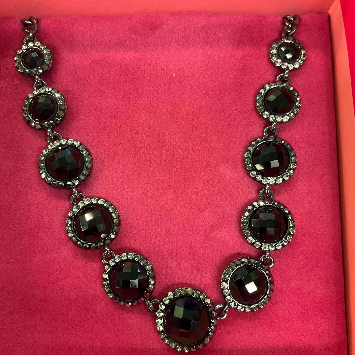 Vintage Butler and Wilson Monotone Crystal Necklace, Dark pewter tone with black chequerboard cut crystals and ombré rhinestones