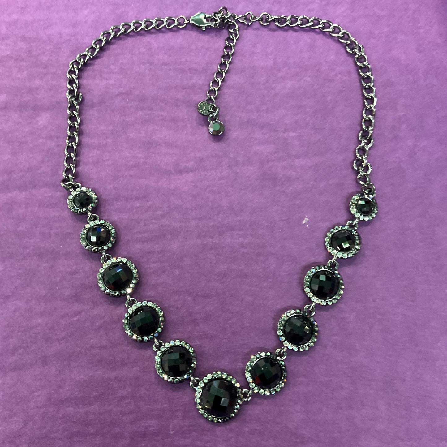Vintage Butler and Wilson Monotone Crystal Necklace, Dark pewter tone with black chequerboard cut crystals and ombré rhinestones