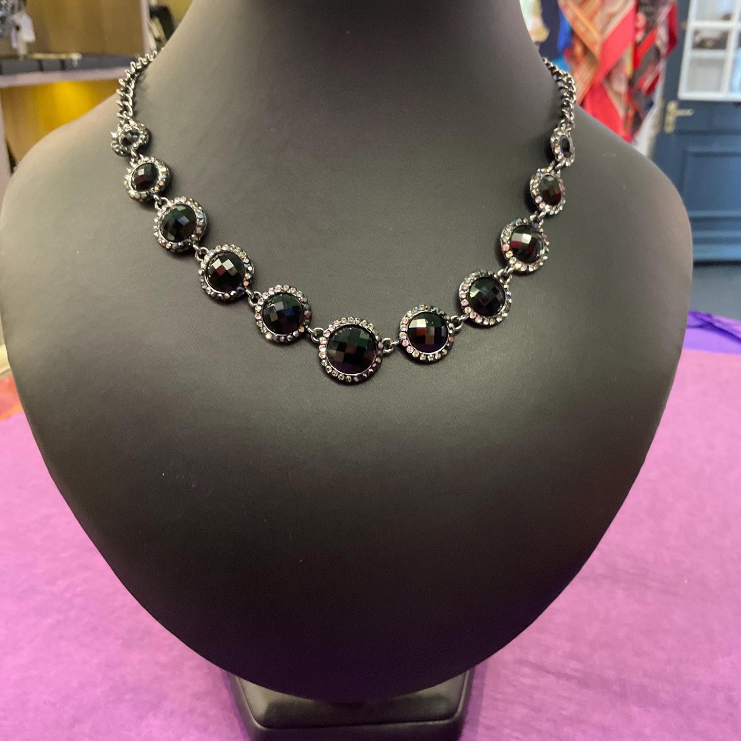 Vintage Butler and Wilson Monotone Crystal Necklace, Dark pewter tone with black chequerboard cut crystals and ombré rhinestones