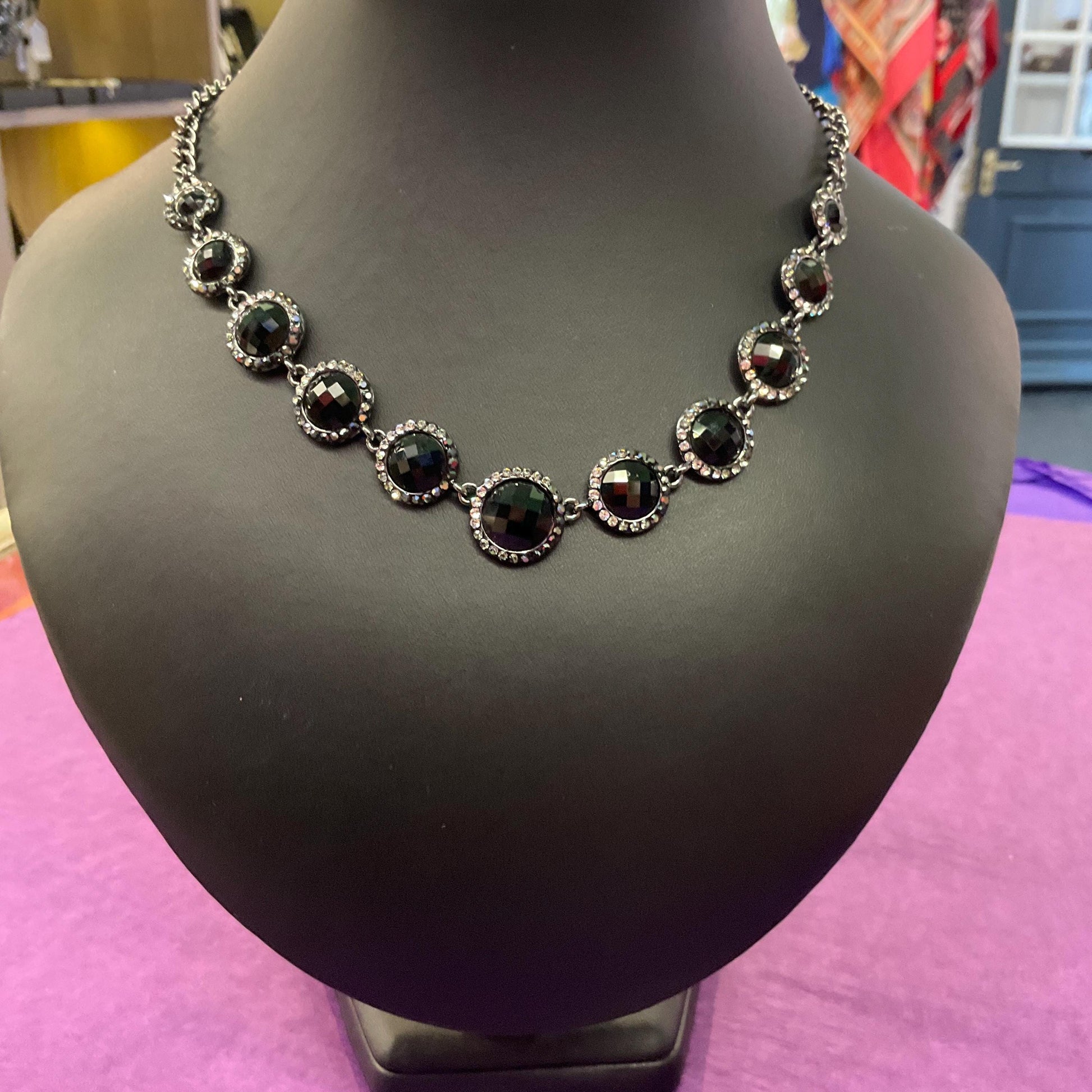 Vintage Butler and Wilson Monotone Crystal Necklace, Dark pewter tone with black chequerboard cut crystals and ombré rhinestones